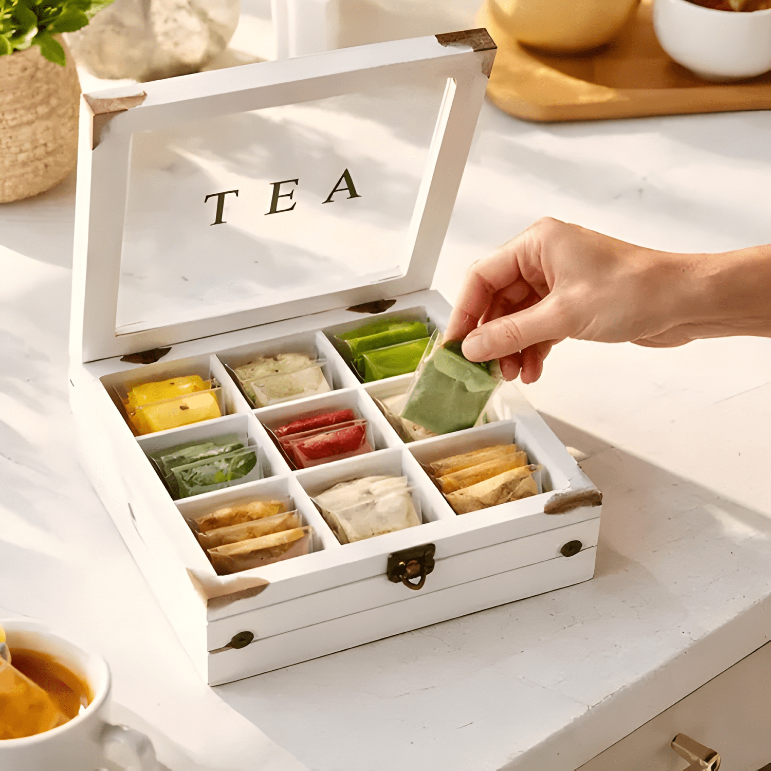 Caja organizadora de té 9 compartimentos madera y vidrio-3