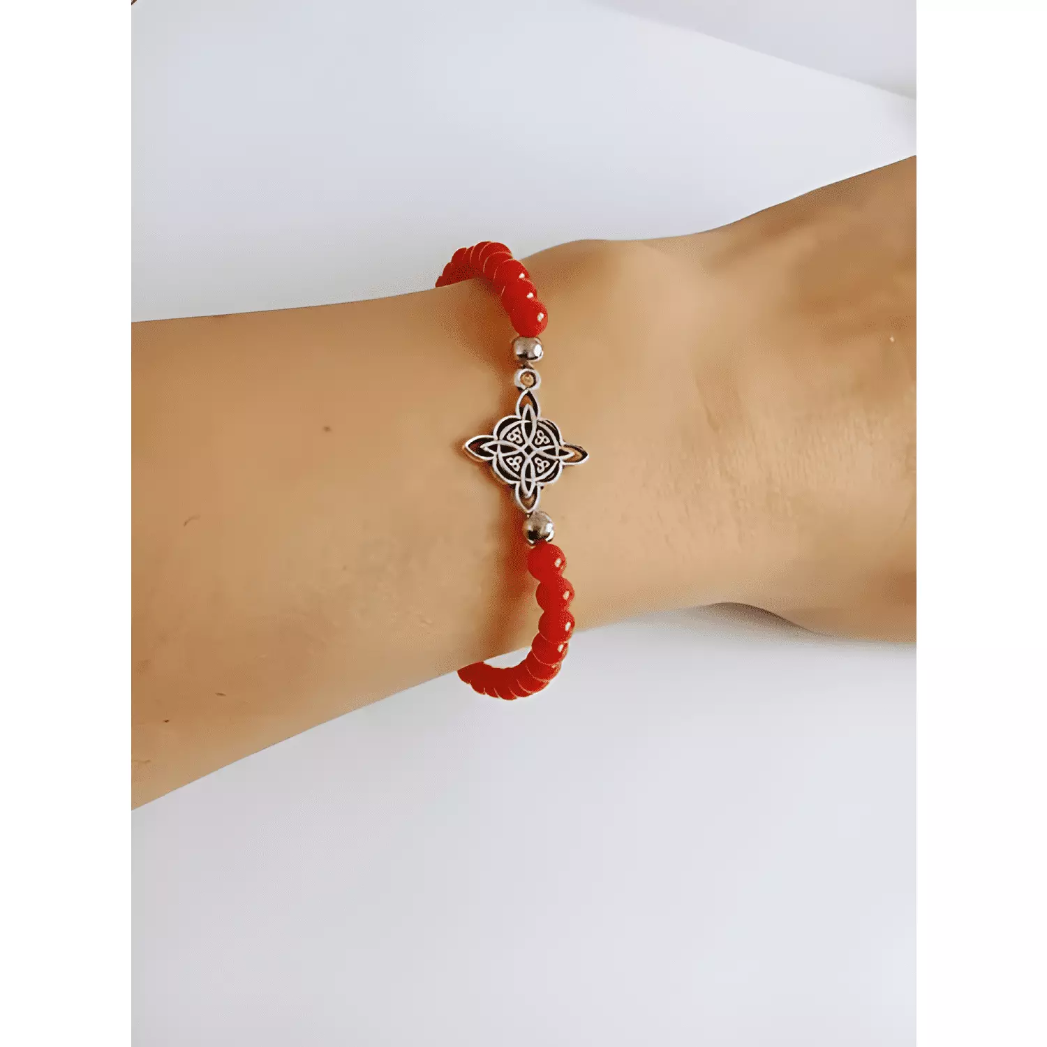 Pulsera nudo bruja piedra jaspe y lapislázuli elástico Rojo-3