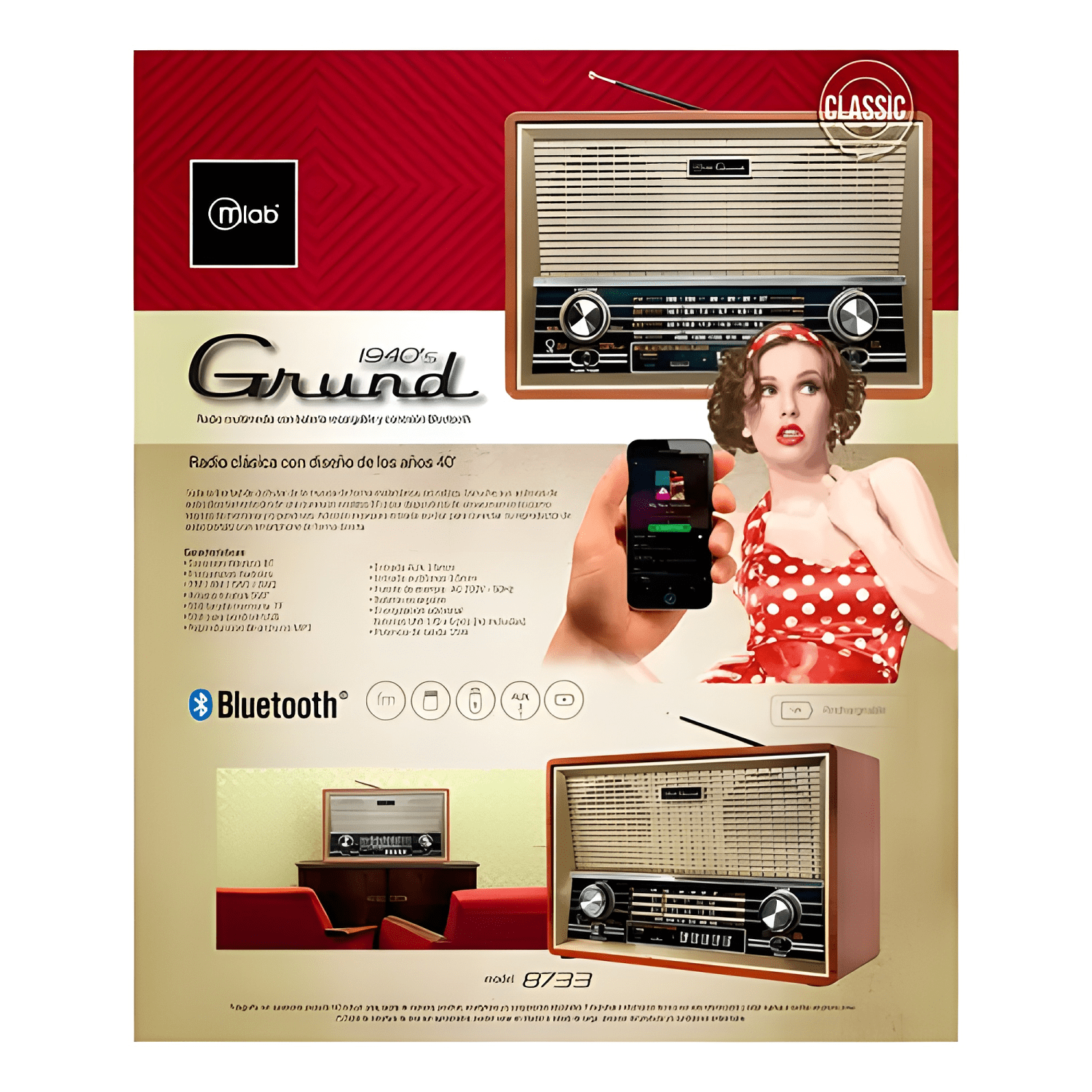 Parlante 8733 retro grund bluetooth usb fm Café #1-3