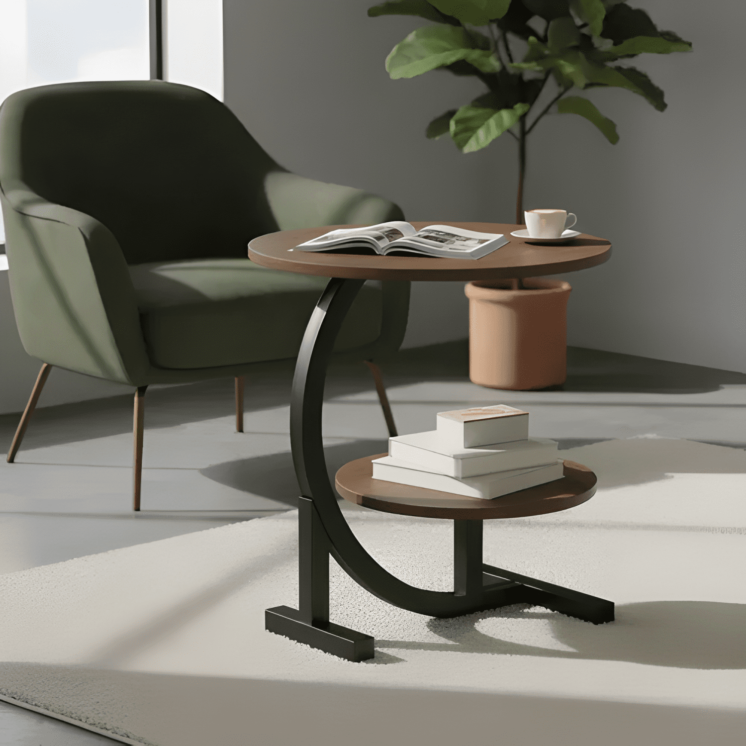 Mesa Auxiliar De Living Redonda Doble Repisa Madera Metal-2