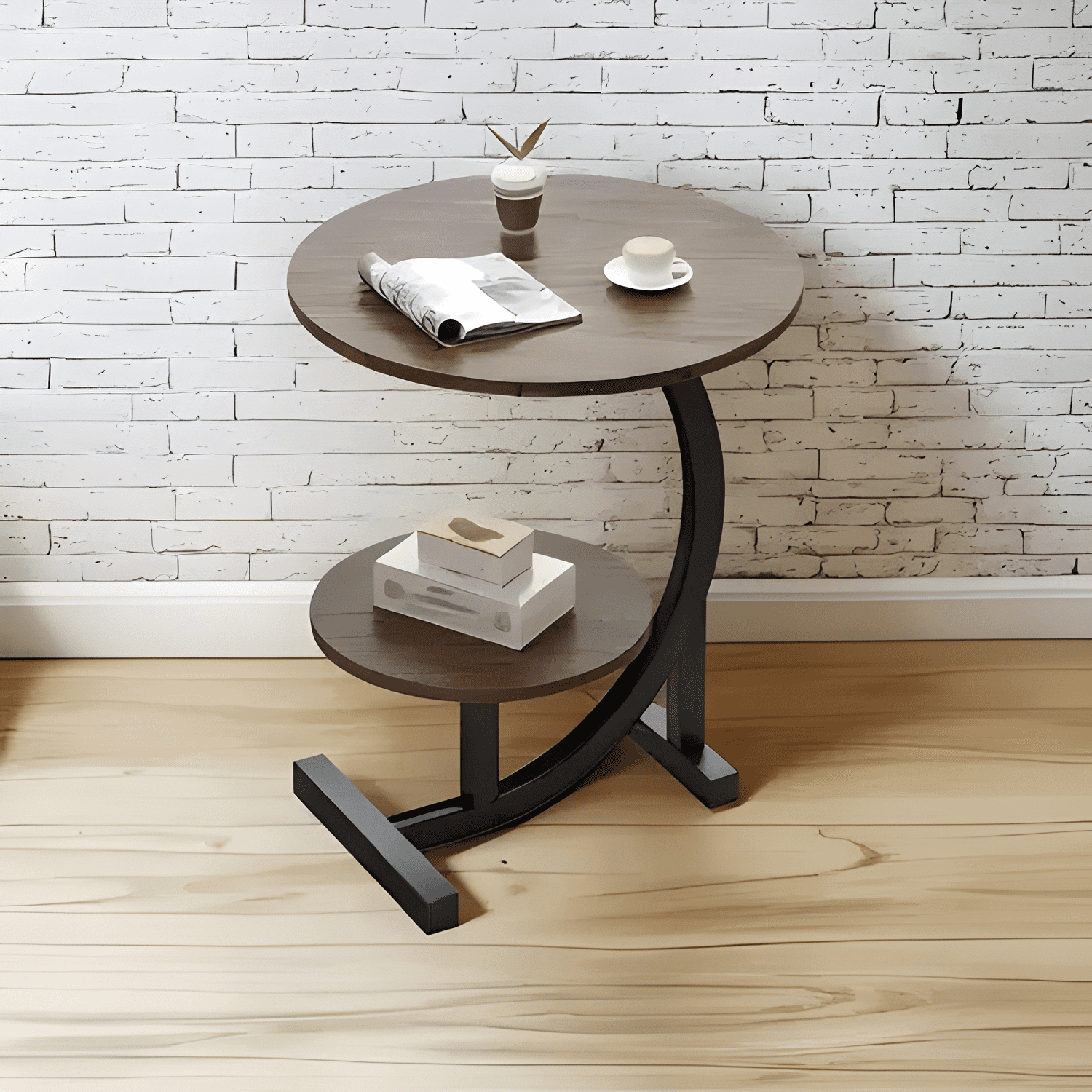 Mesa Auxiliar De Living Redonda Doble Repisa Madera Metal-3