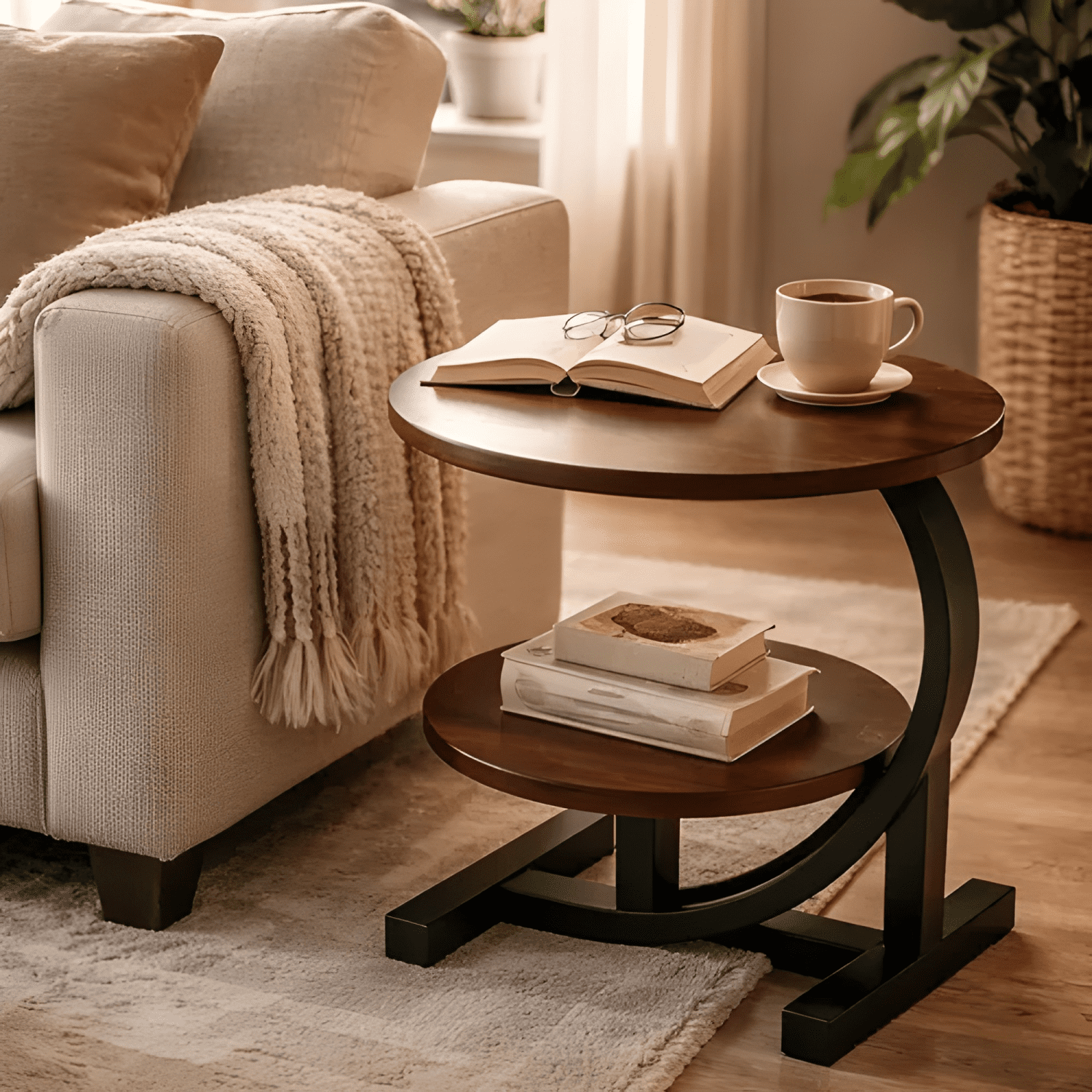Mesa Auxiliar De Living Redonda Doble Repisa Madera Metal-4