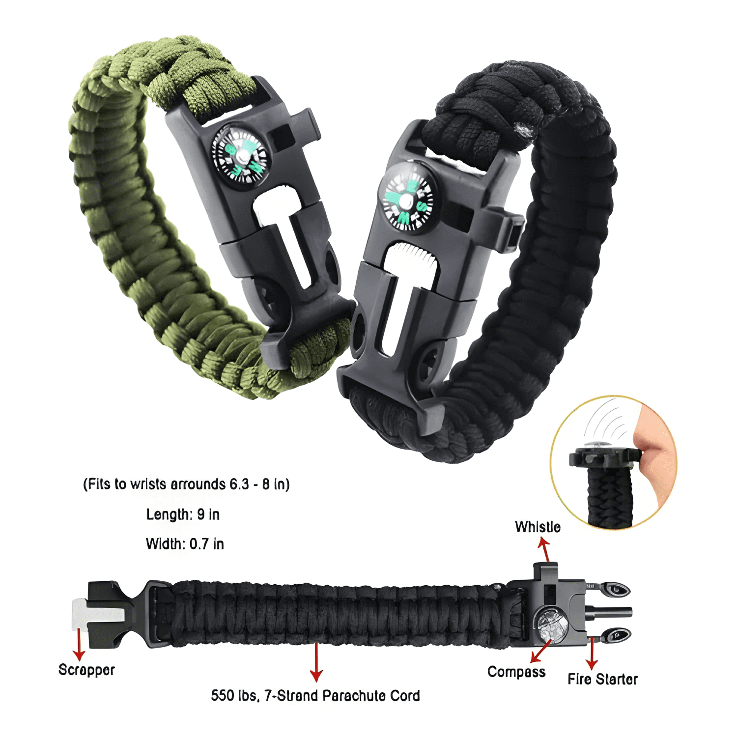 Par de pulseras táctica paracord de supervivencia multiuso-4