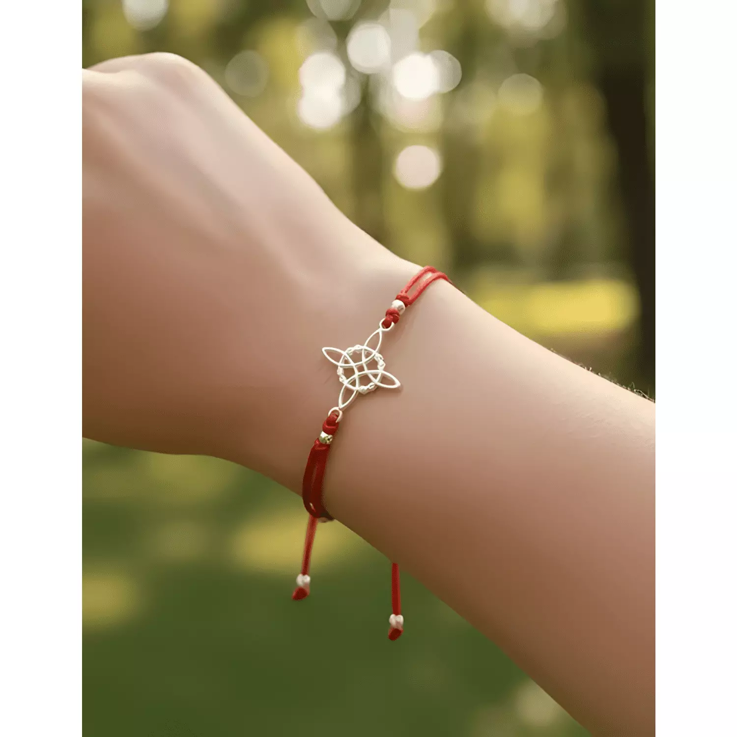 Pulsera nudo de brujas hilo plata fina proteccion Rojo-2
