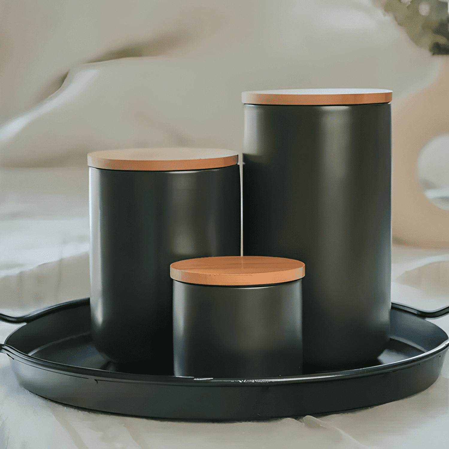 Contenedor cerámica hermético tapa madera talla S, negro-1