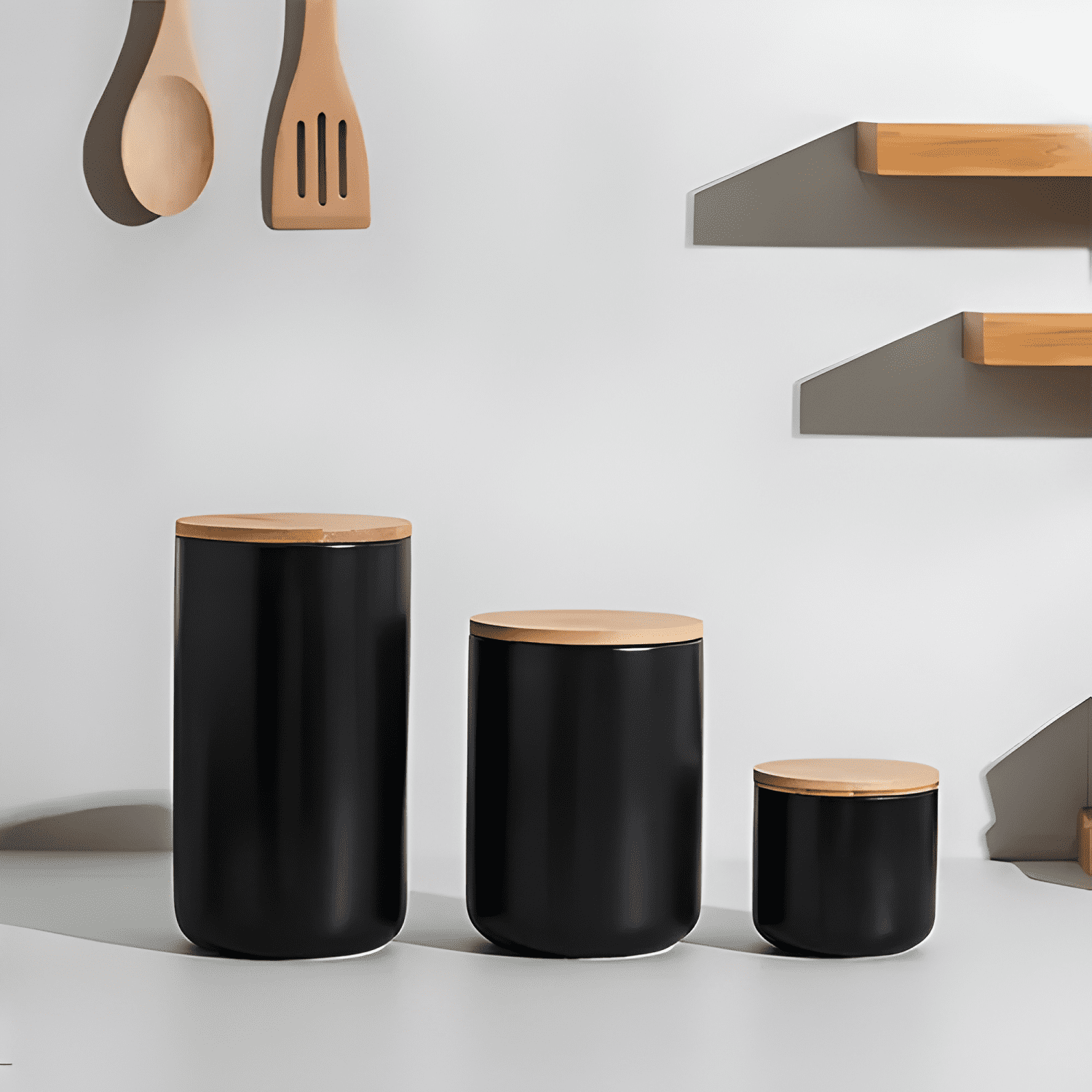 Contenedor cerámica hermético tapa madera talla S, negro-4