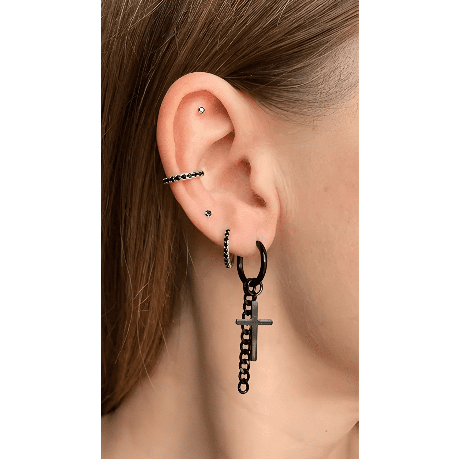 Aros Hombre Argollas Negras Cruz Cadena Punk Acero Colgante-2