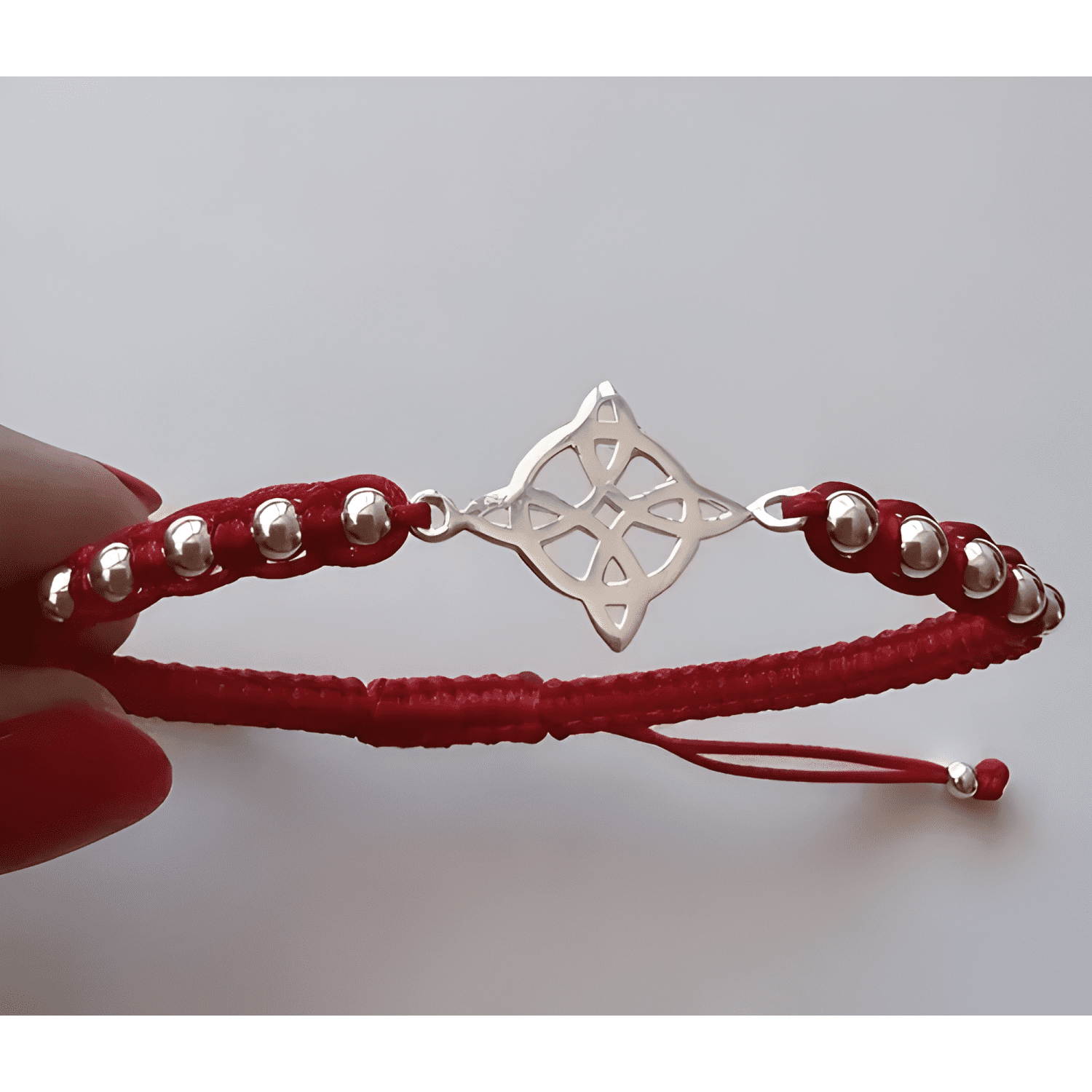 Pulsera hilo nudo de brujas plata con esferas ajustable-2