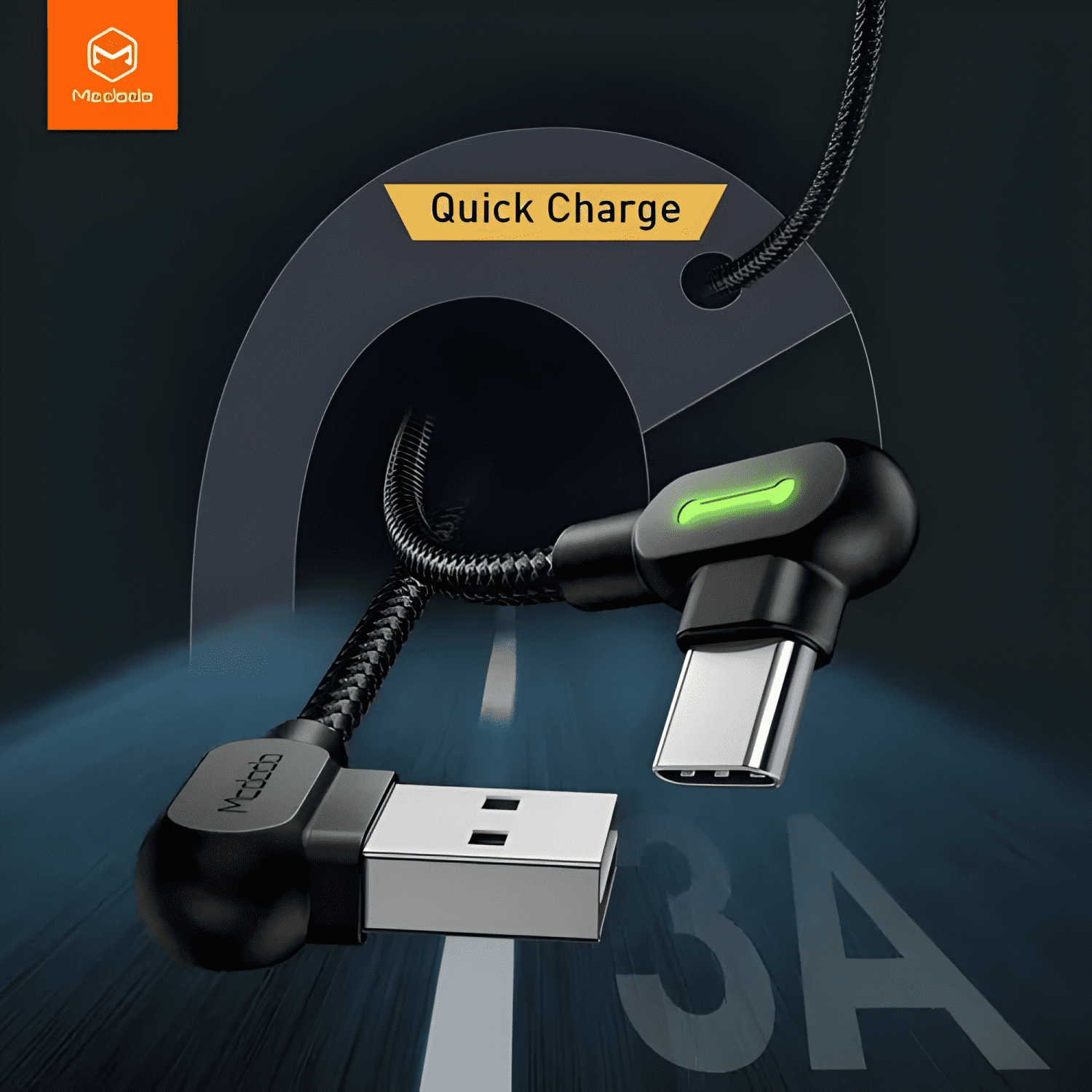 Cable USB tipo c 3.0 carga rápida 3mt 90° l luz LED 3a-4
