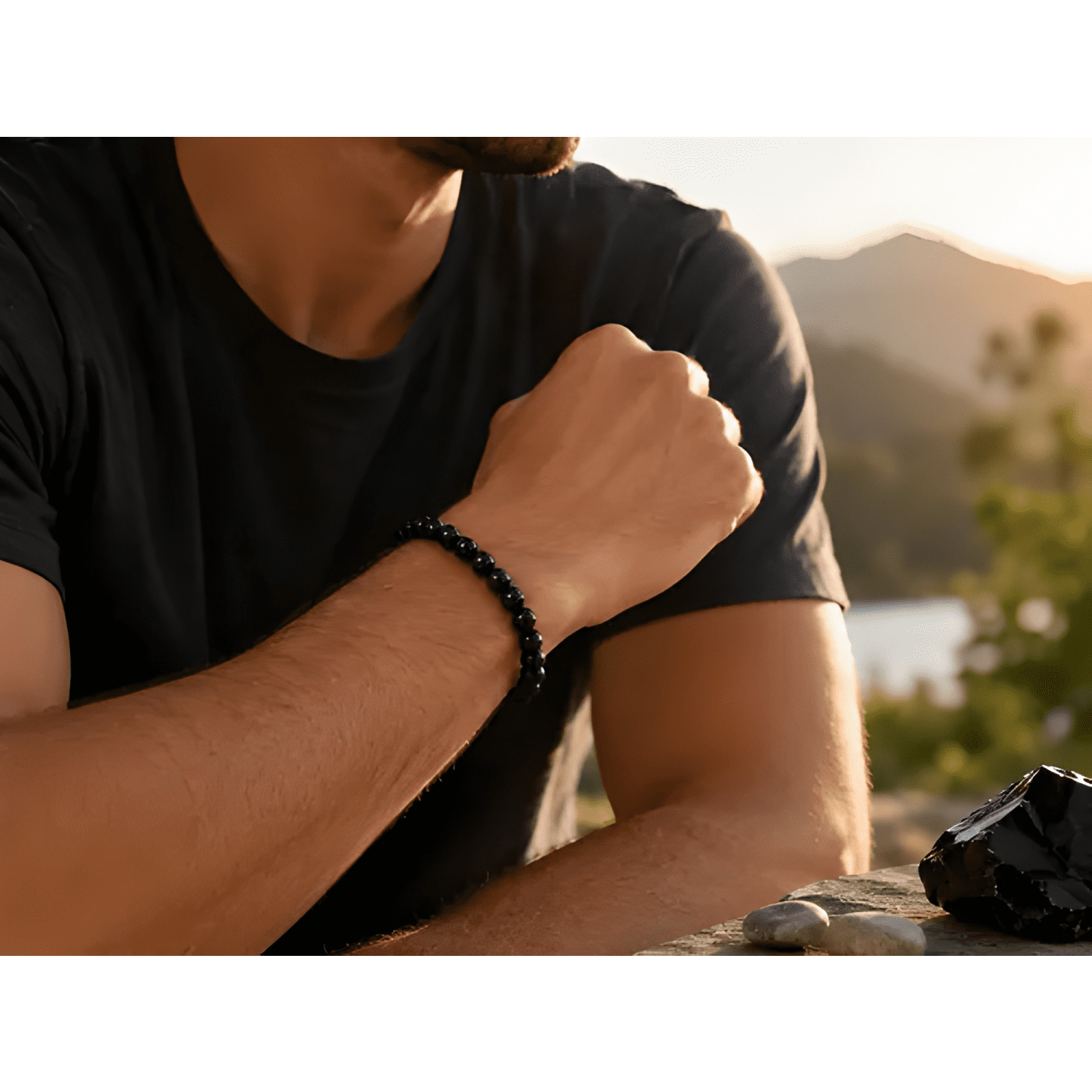 Pulsera elástica obsidiana 8mm unisex protección Negra-4