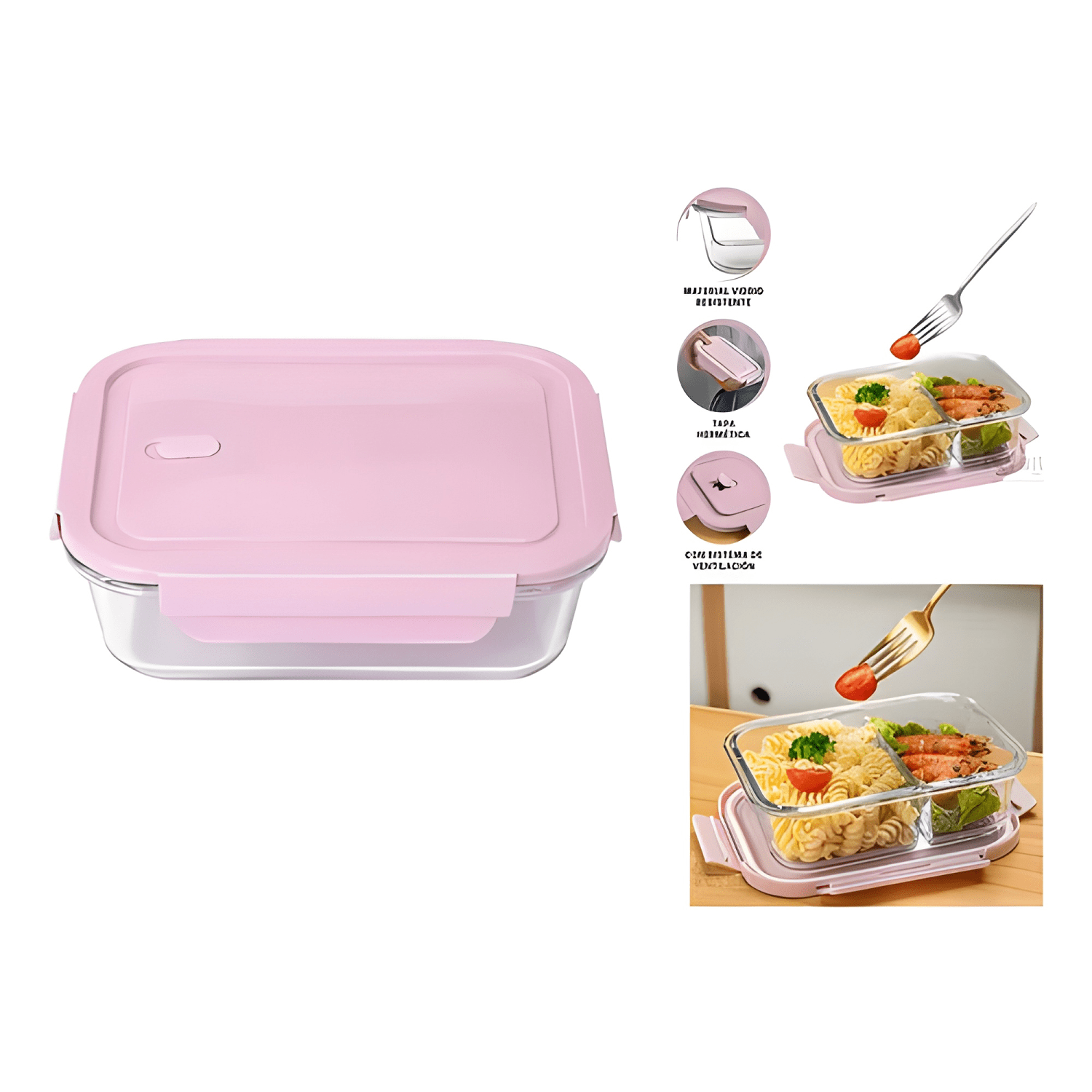 Taper hermético de vidrio para comida 2 divisiones #10-4