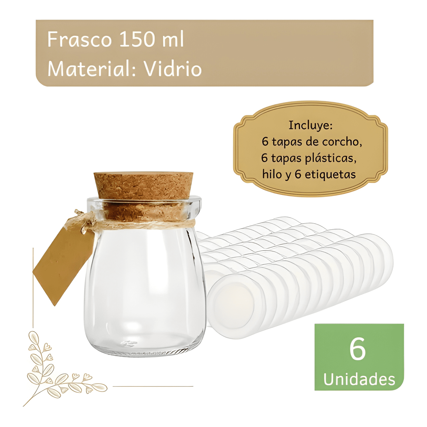 Pack 6 frascos vidrio 150 ml tapa plástica y corcho-0
