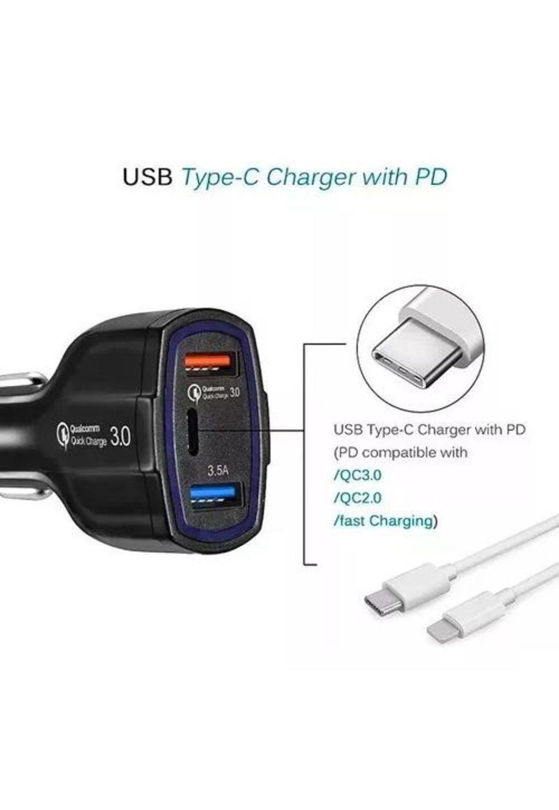Cargador rápido auto doble USB y tipo C QC3.0 negro-2