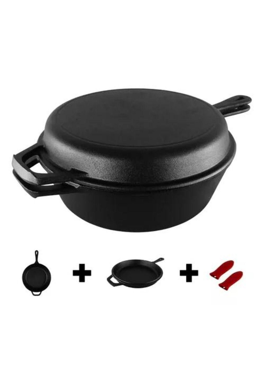 Dutch Oven Ø26 cm - Incluye 2 Sartenes de Hierro Fundido y 2 Grip, Color Negro-3