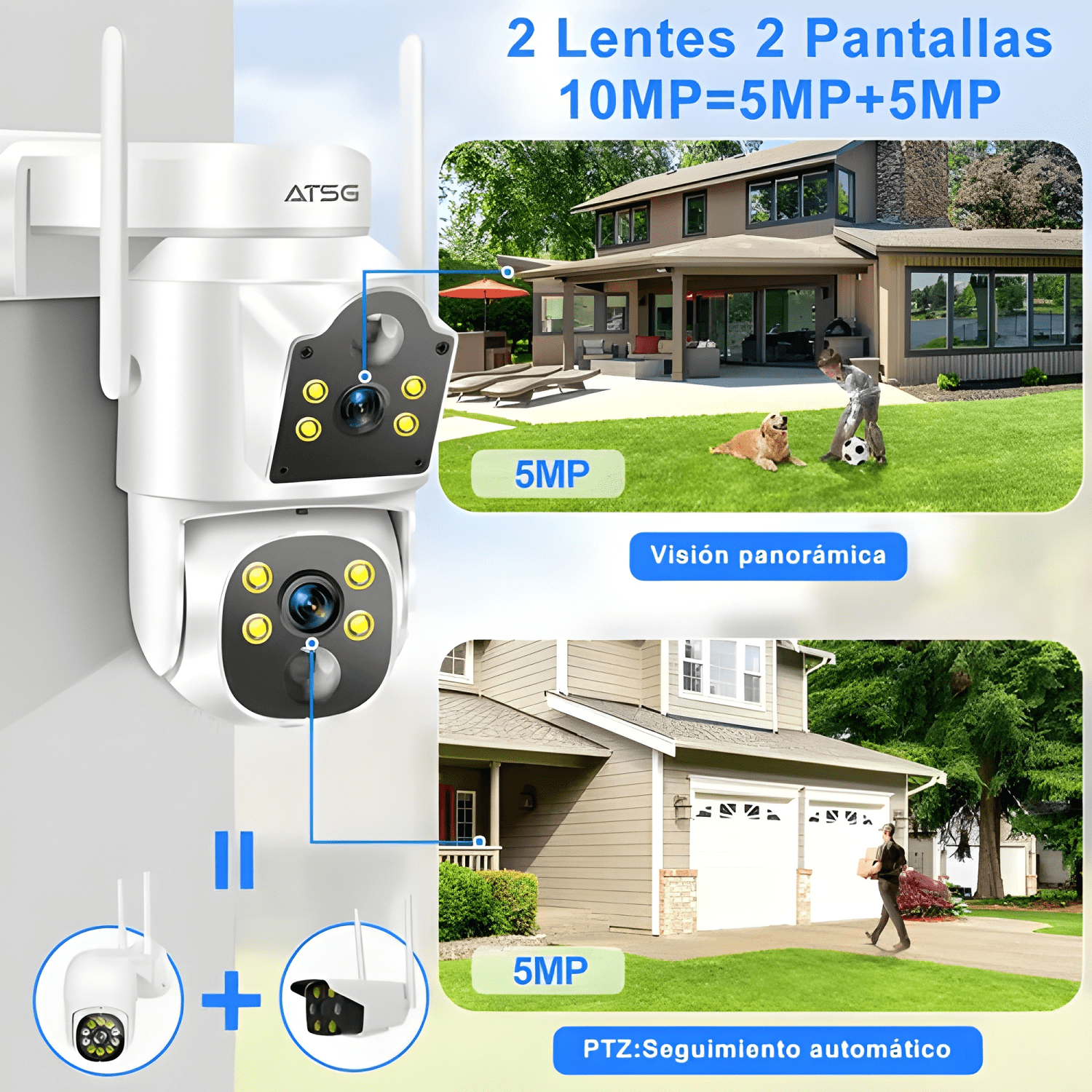 Atsg® Solar Doble Lente Cámara de Seguridad Exterior 2k-2