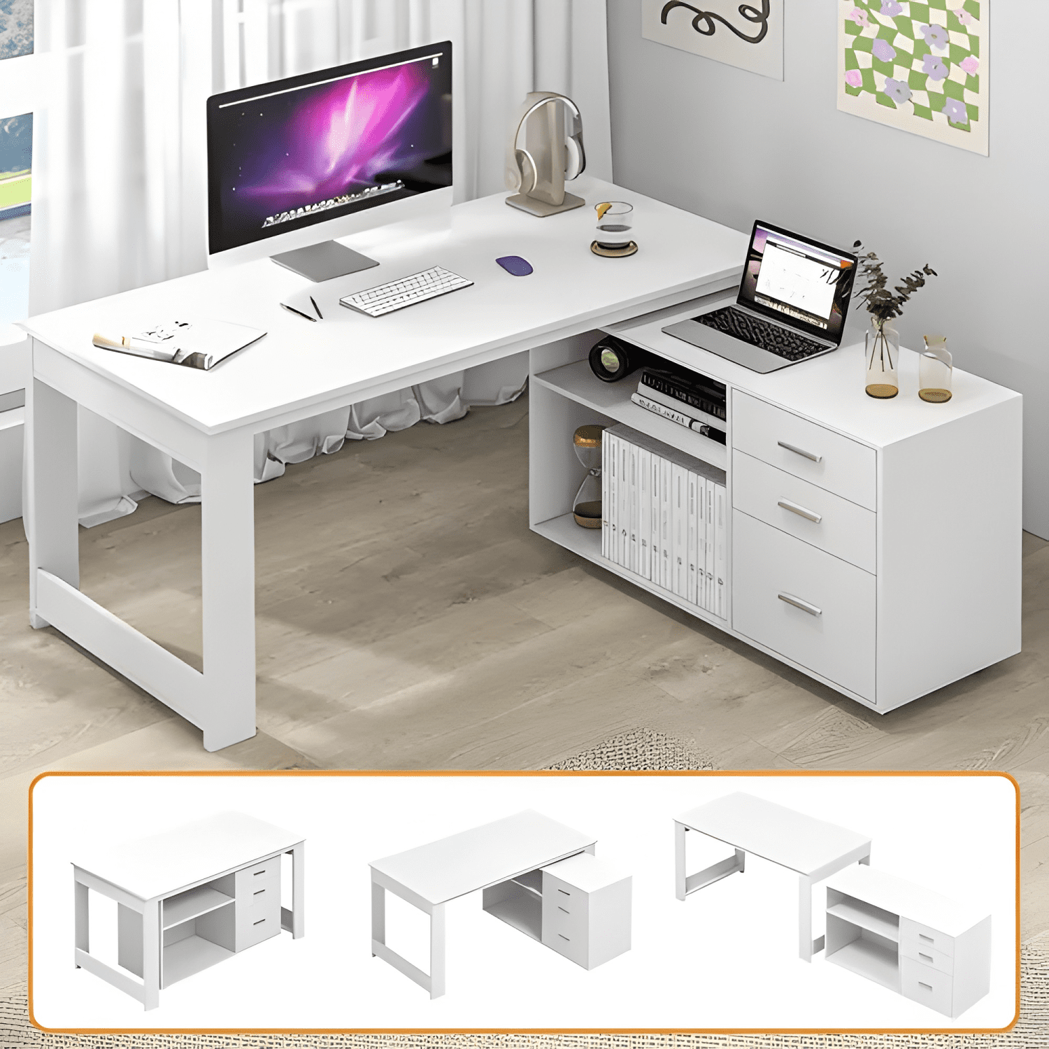 Escritorio multifuncional con archivero transformable 140cm-3