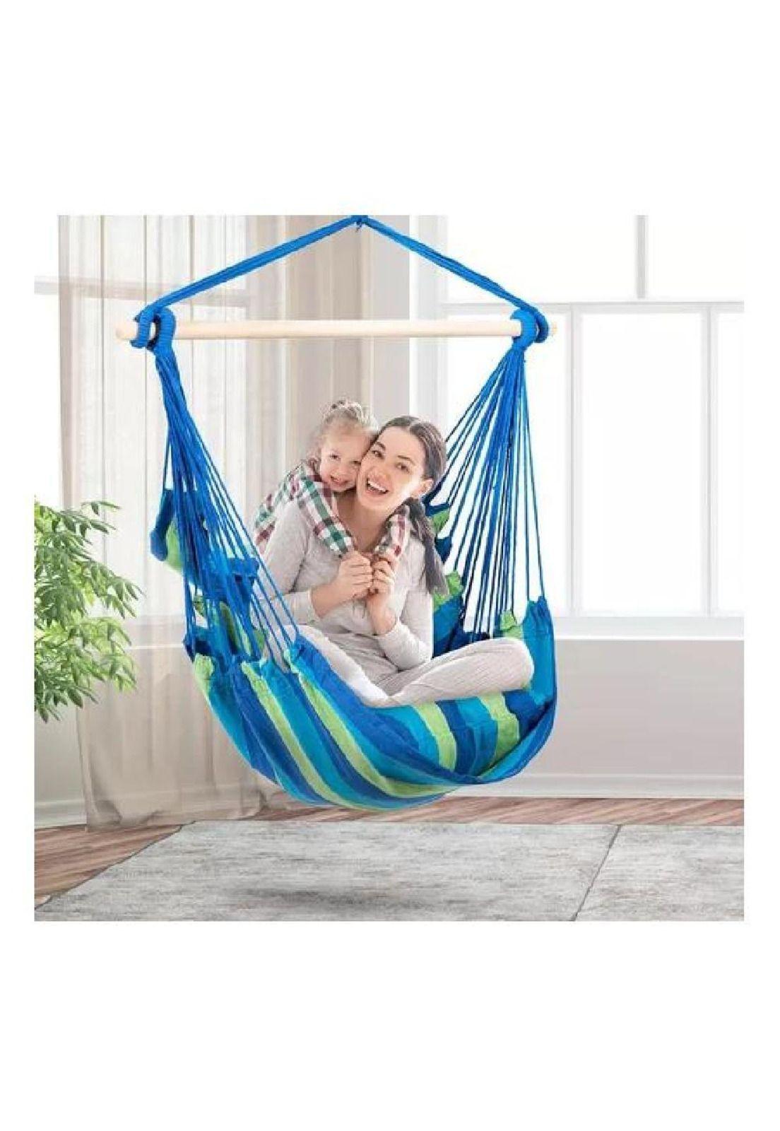 Columpio colgante azul y verde con dos almohadas para jardín-3