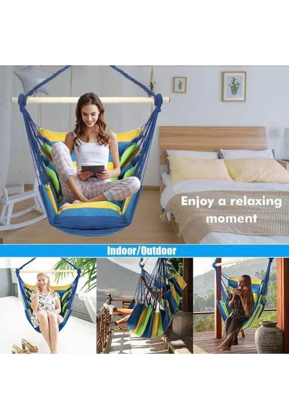 Columpio colgante azul y verde con dos almohadas para jardín-5