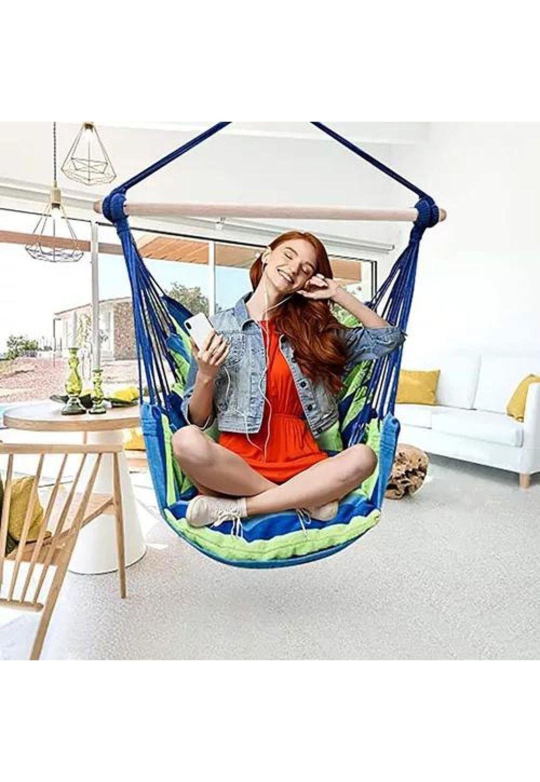 Columpio colgante azul y verde con dos almohadas para jardín-6