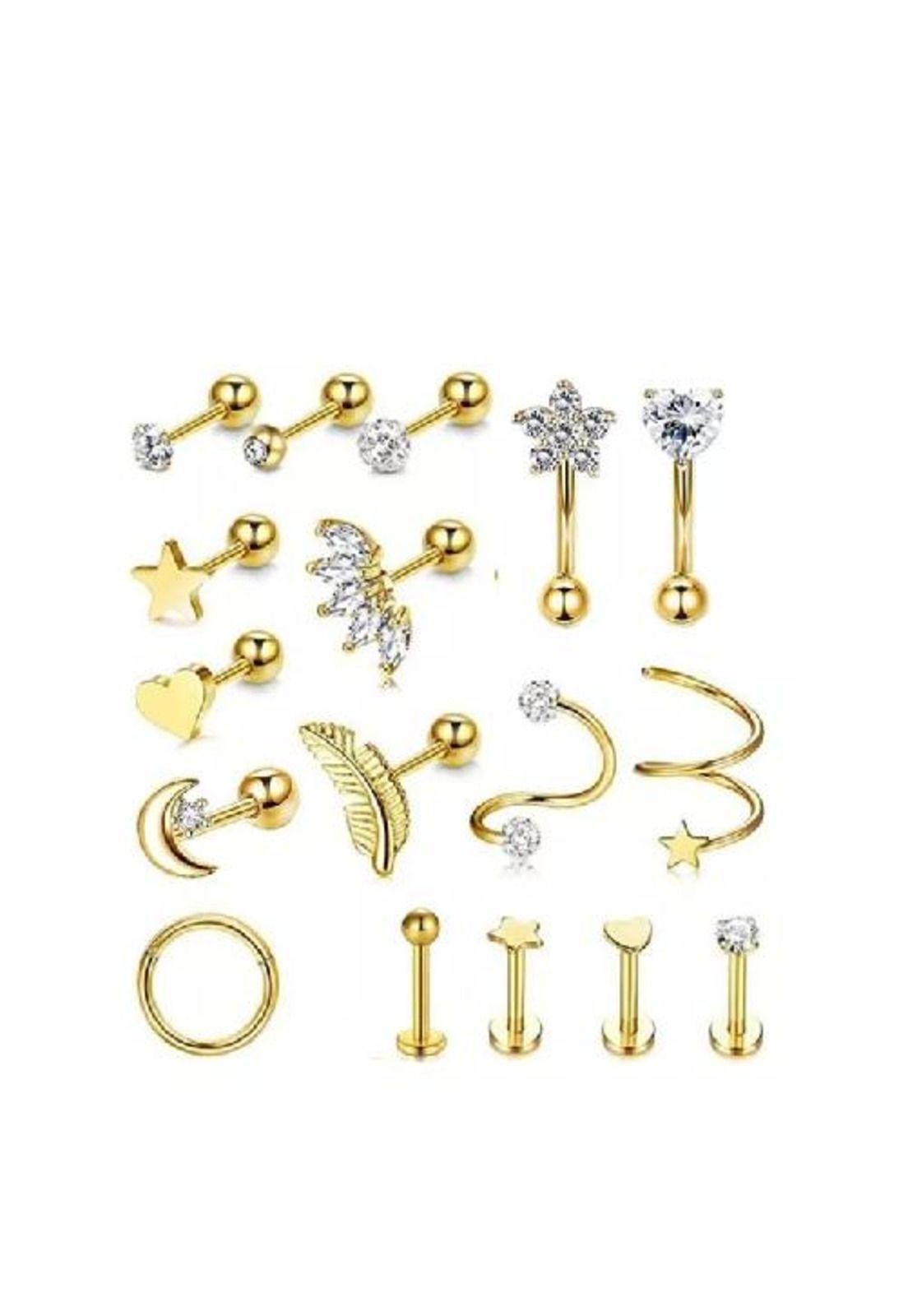 Piercing y aretes para oreja y cartílago, 17 piezas, color dorado-2