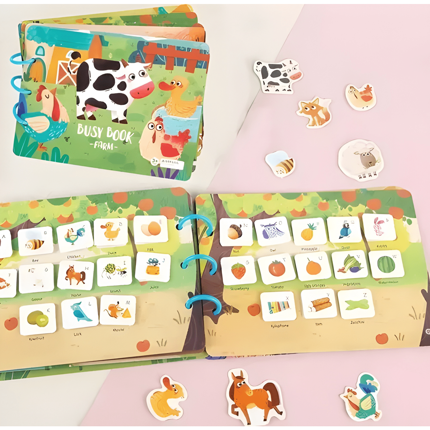 Libro sensorial didáctico montessori con velcro niños granja-1
