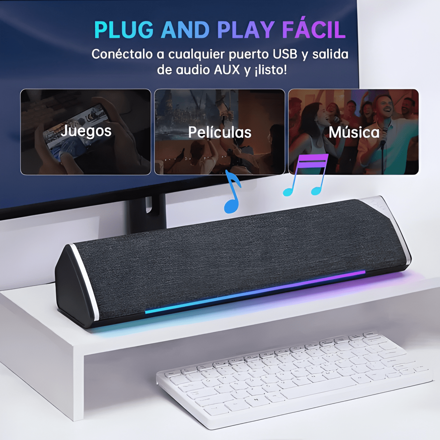 Soundbar parlante gamer pc tv rgb inalámbricos subwoofer usb-2