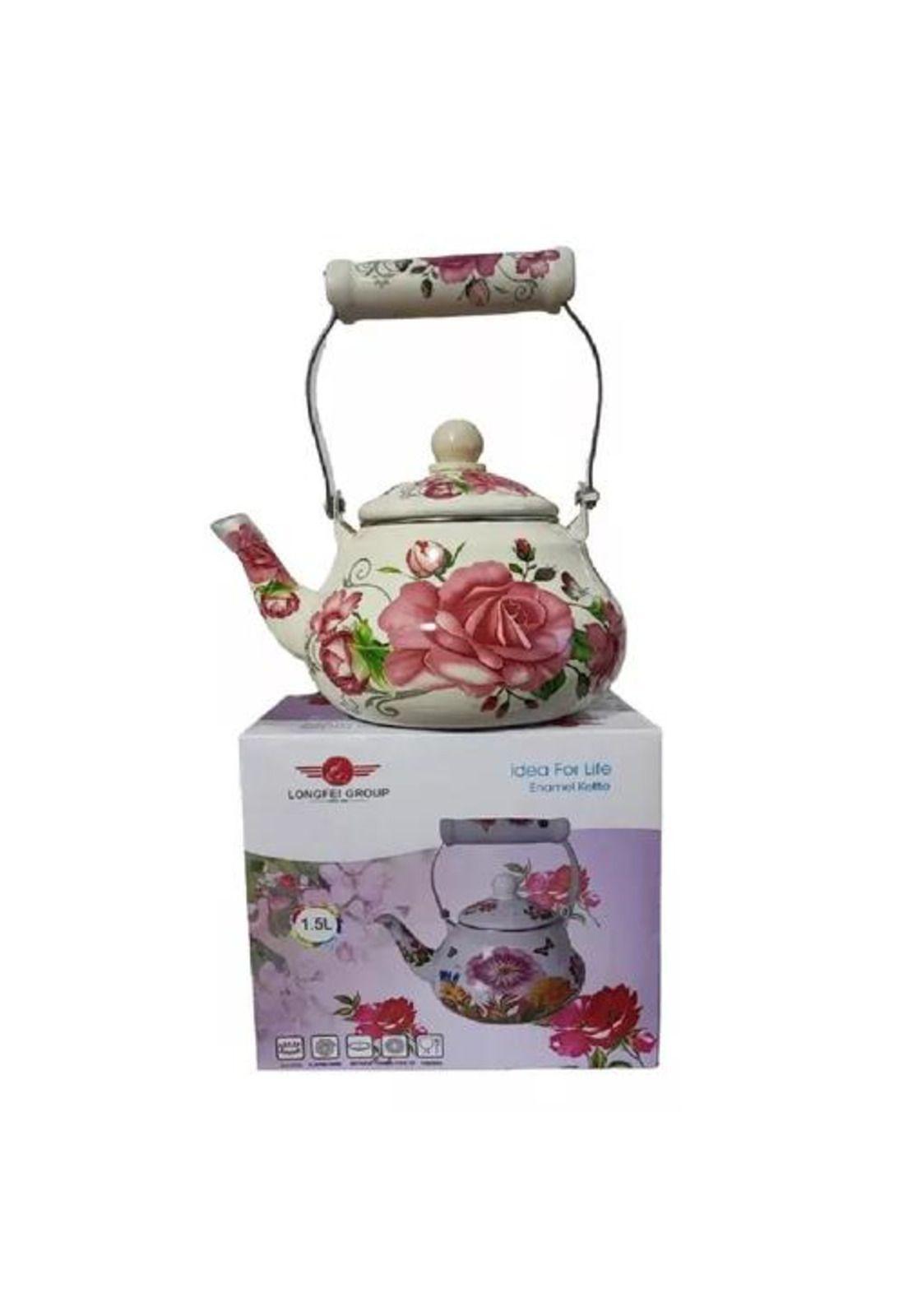 Tetera de 1.5 Litros - Enlozada, Esmaltada, Diseños Rosas-2