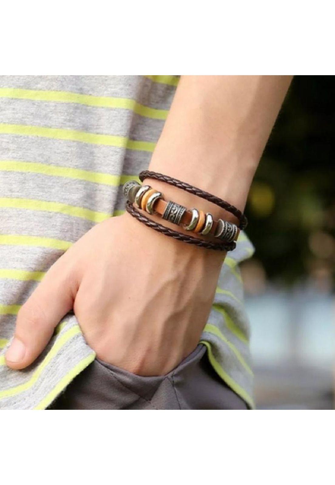 Pulsera de cuero trenzada con acero, para hombre y mujer, color multicolor-5