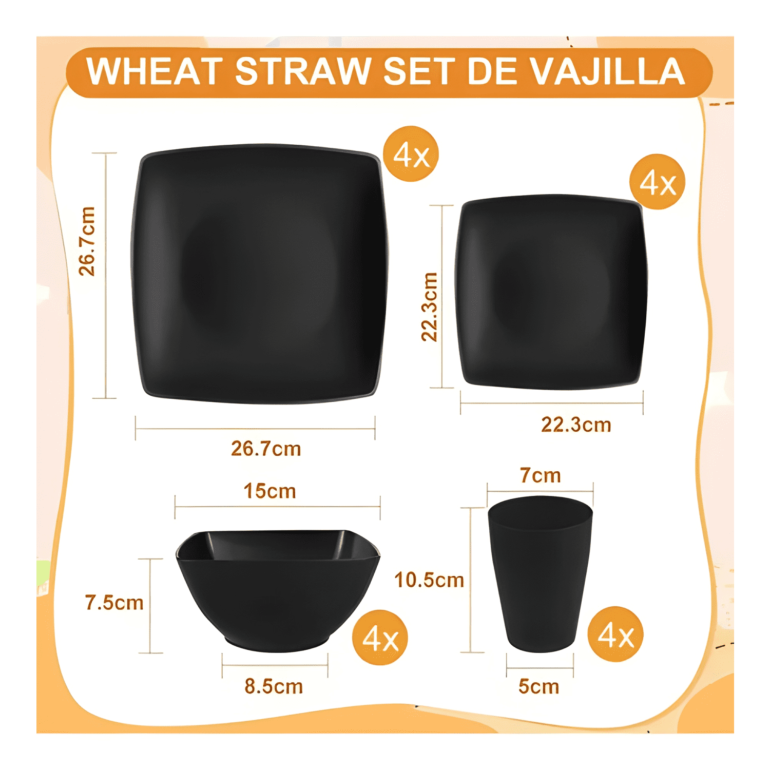 Cuadrada vajilla juego cocina paja trigo plato tazas kit #9-0