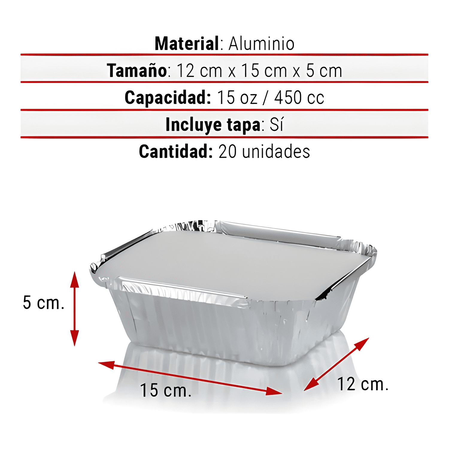 Contenedor envase aluminio C10 con tapa 20u, plateado-1