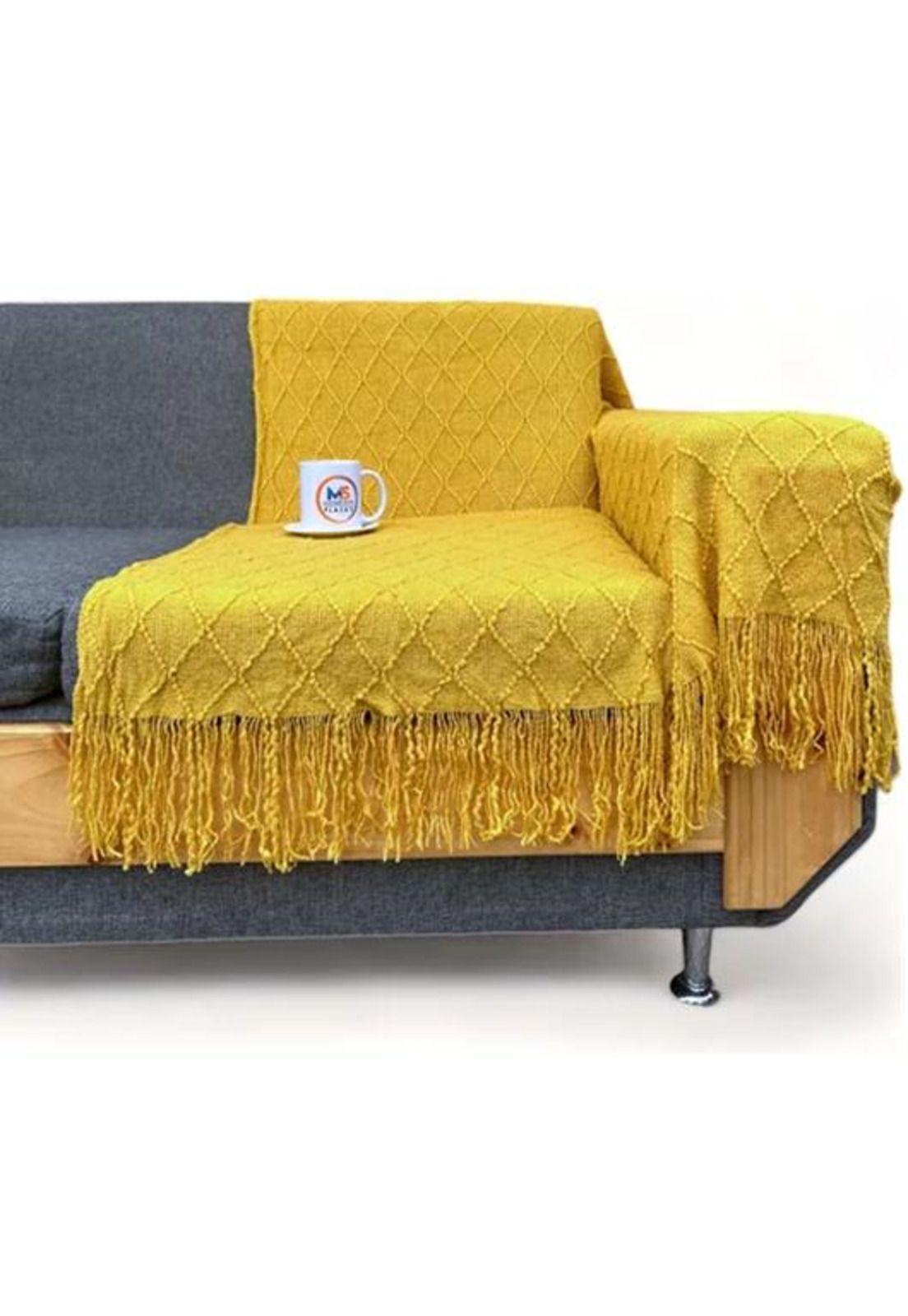 Manta decorativa tejida para sillón, piecera o cama color amarillo-1