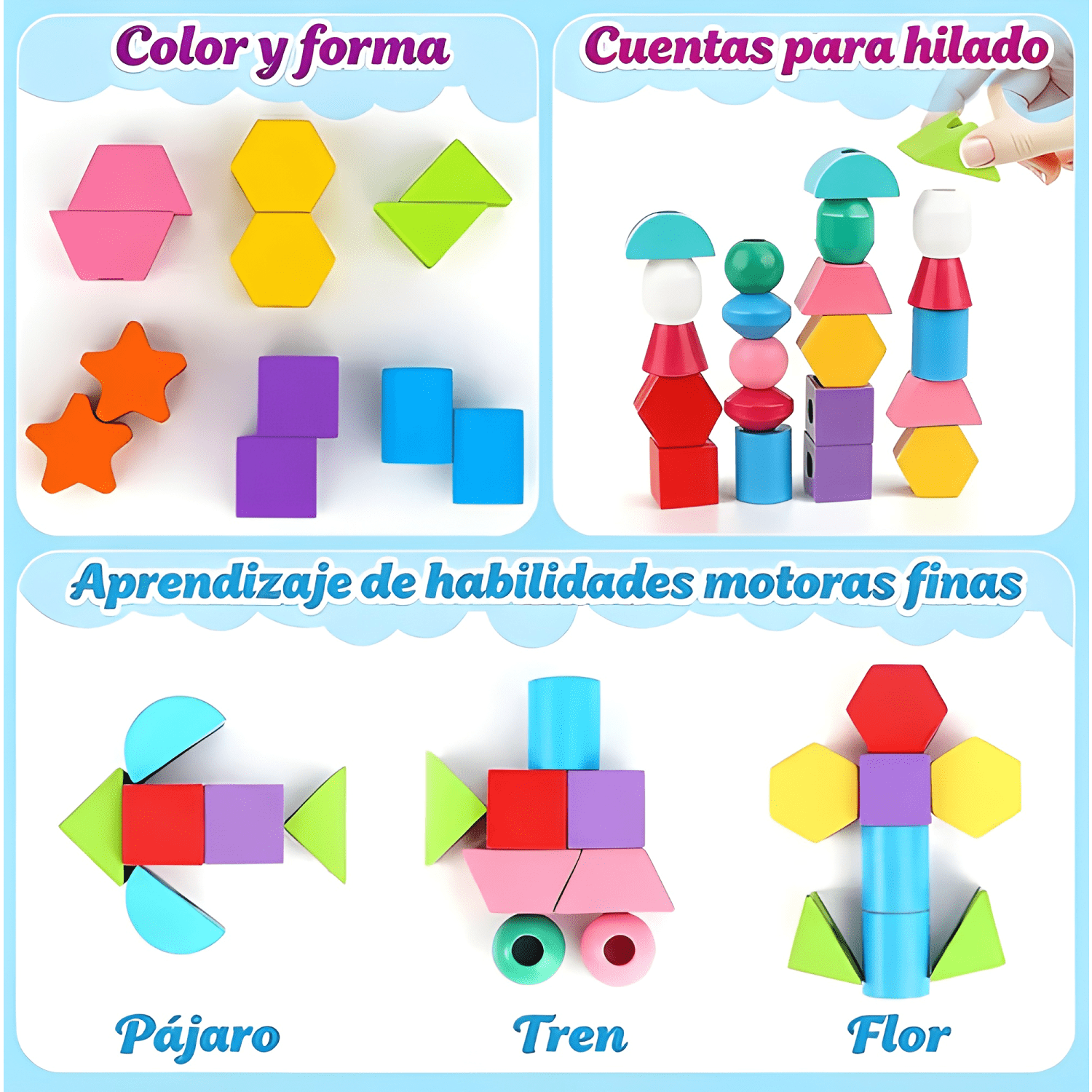 Juego apilar ensartar madera colores formas niños 1-3-2