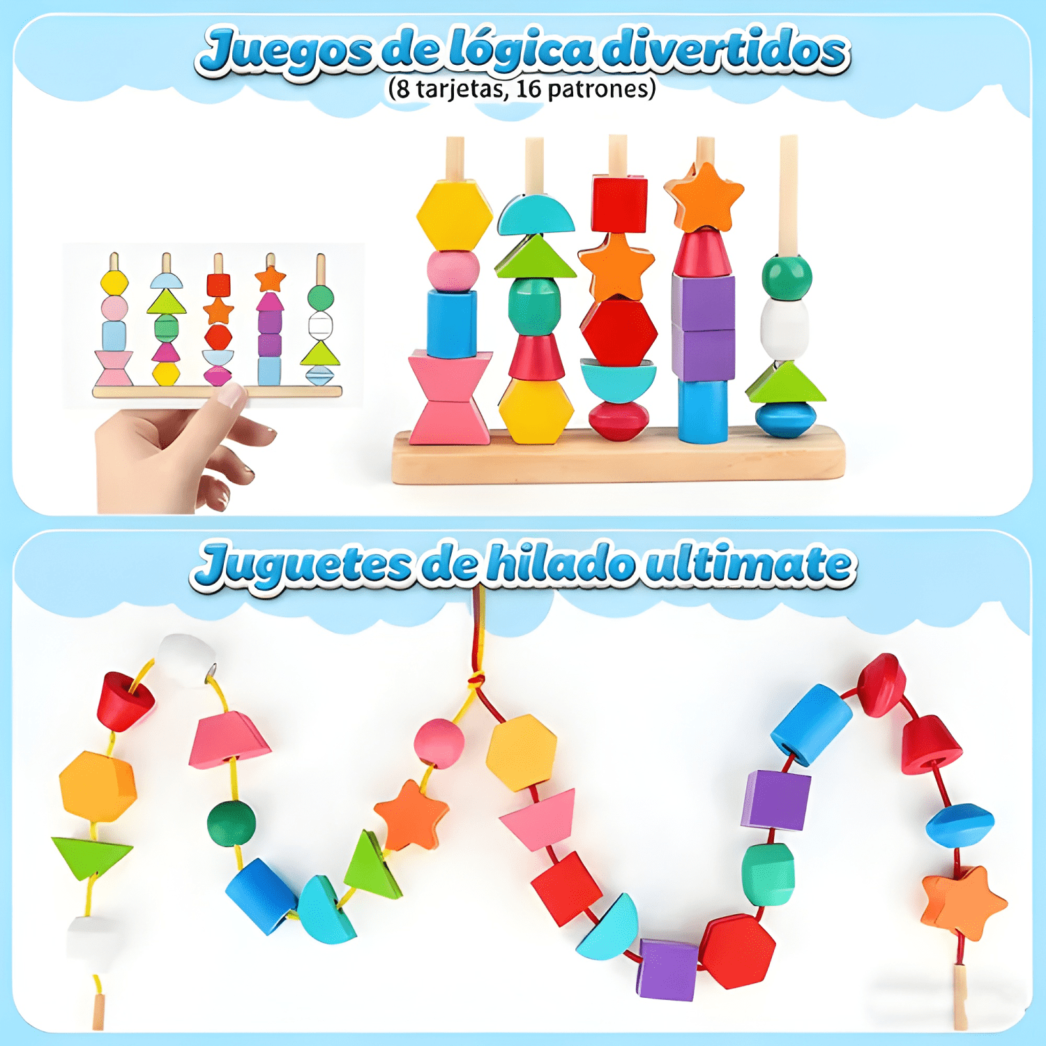 Juego apilar ensartar madera colores formas niños 1-3-3