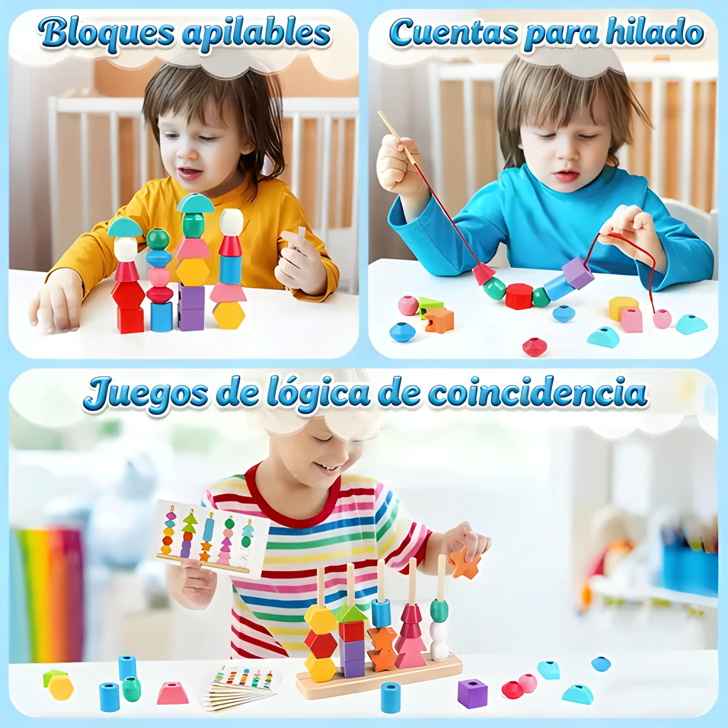 Juego apilar ensartar madera colores formas niños 1-3-4
