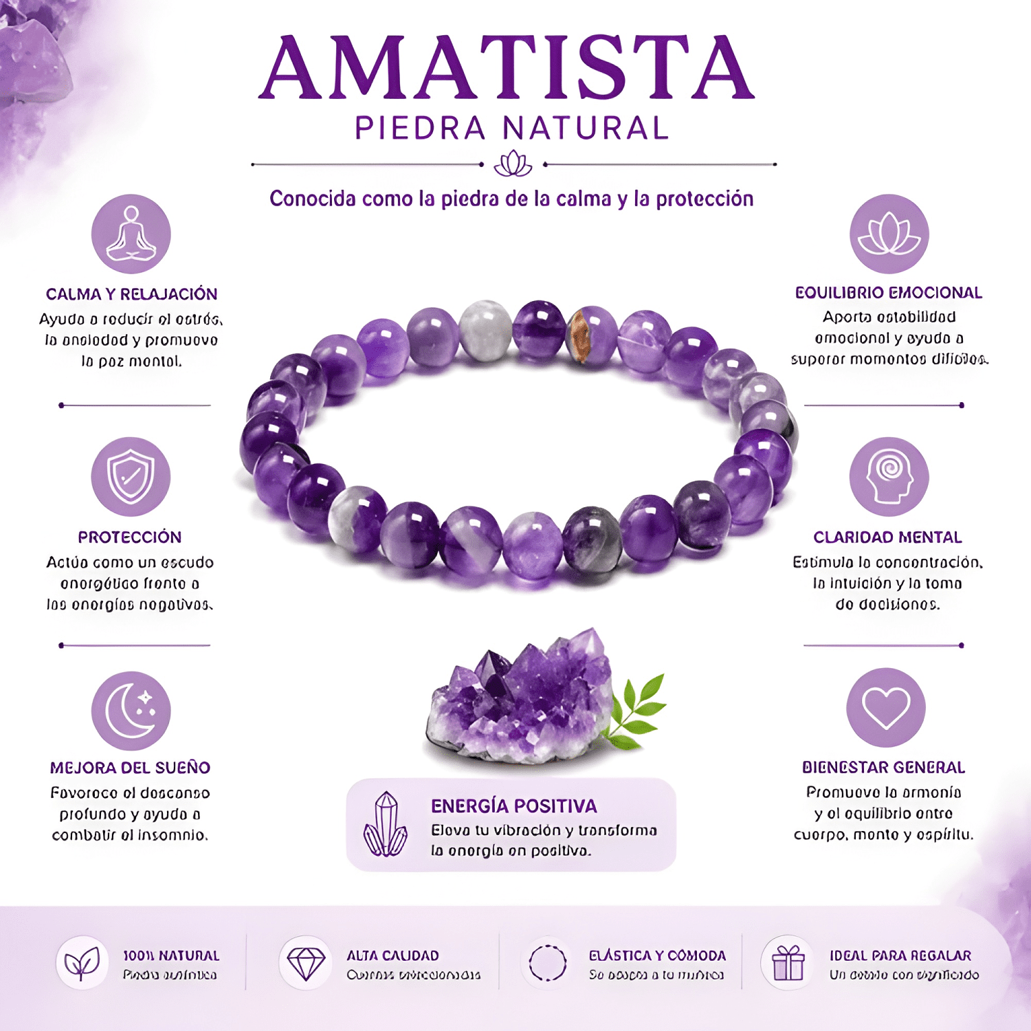 Pulsera amatista natural 8mm mujer energía protección calma-1