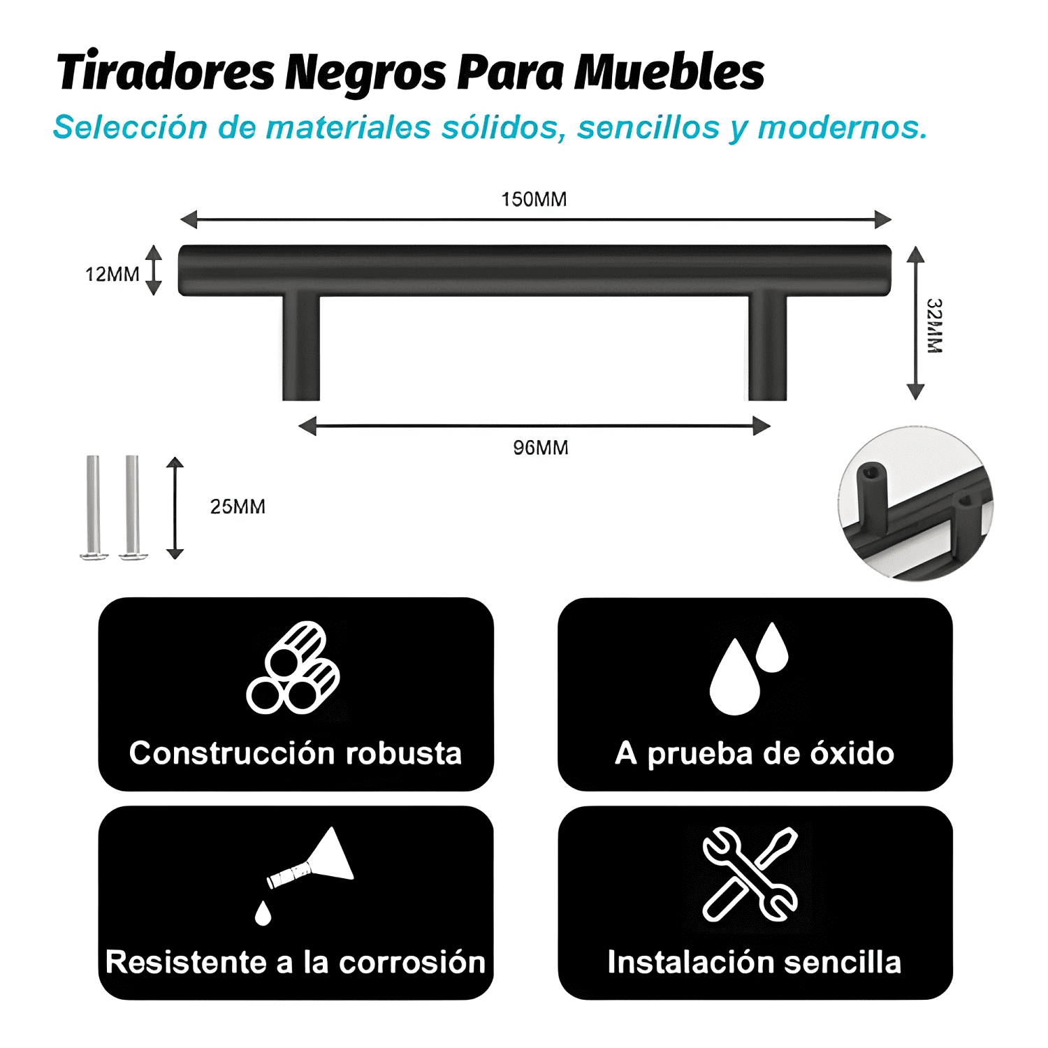 Jaladera de barra acero inoxidable 20 piezas, negra-2