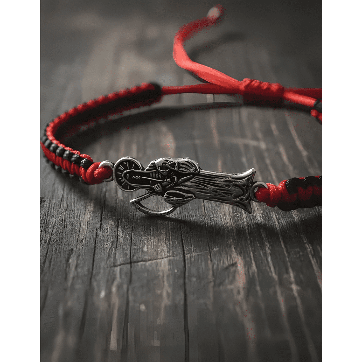 Pulsera de hilo y de la santa muerte Rojo negro plateada-3