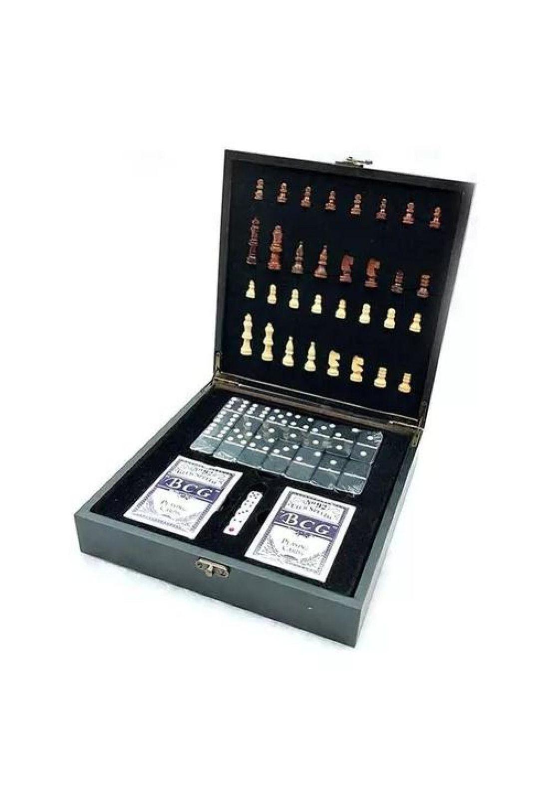 Set de lujo tablero de ajedrez de madera + dominó + cartas póker negro-3