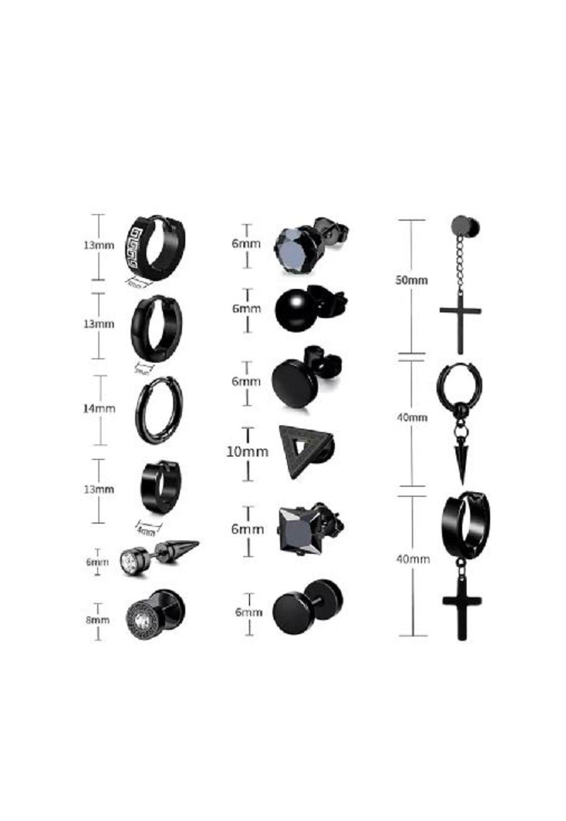 Aros y pendientes para hombre, 15 pares, color negro-2