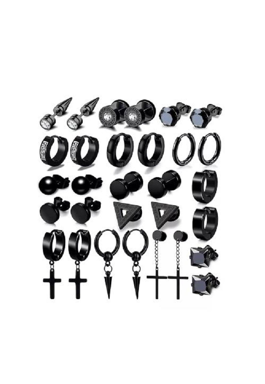 Aros y pendientes para hombre, 15 pares, color negro-3