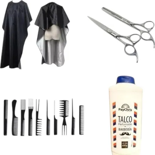 Set tijeras + capa + peines + talco-1