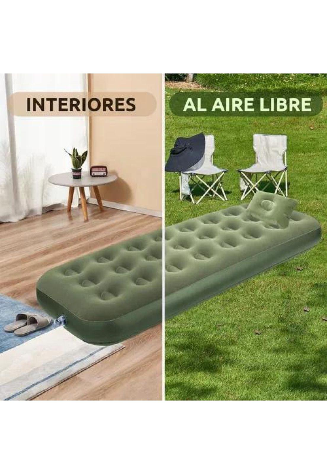 Colchón inflable individual, 1 plaza, + 1 almohada, + inflador, color verde-3