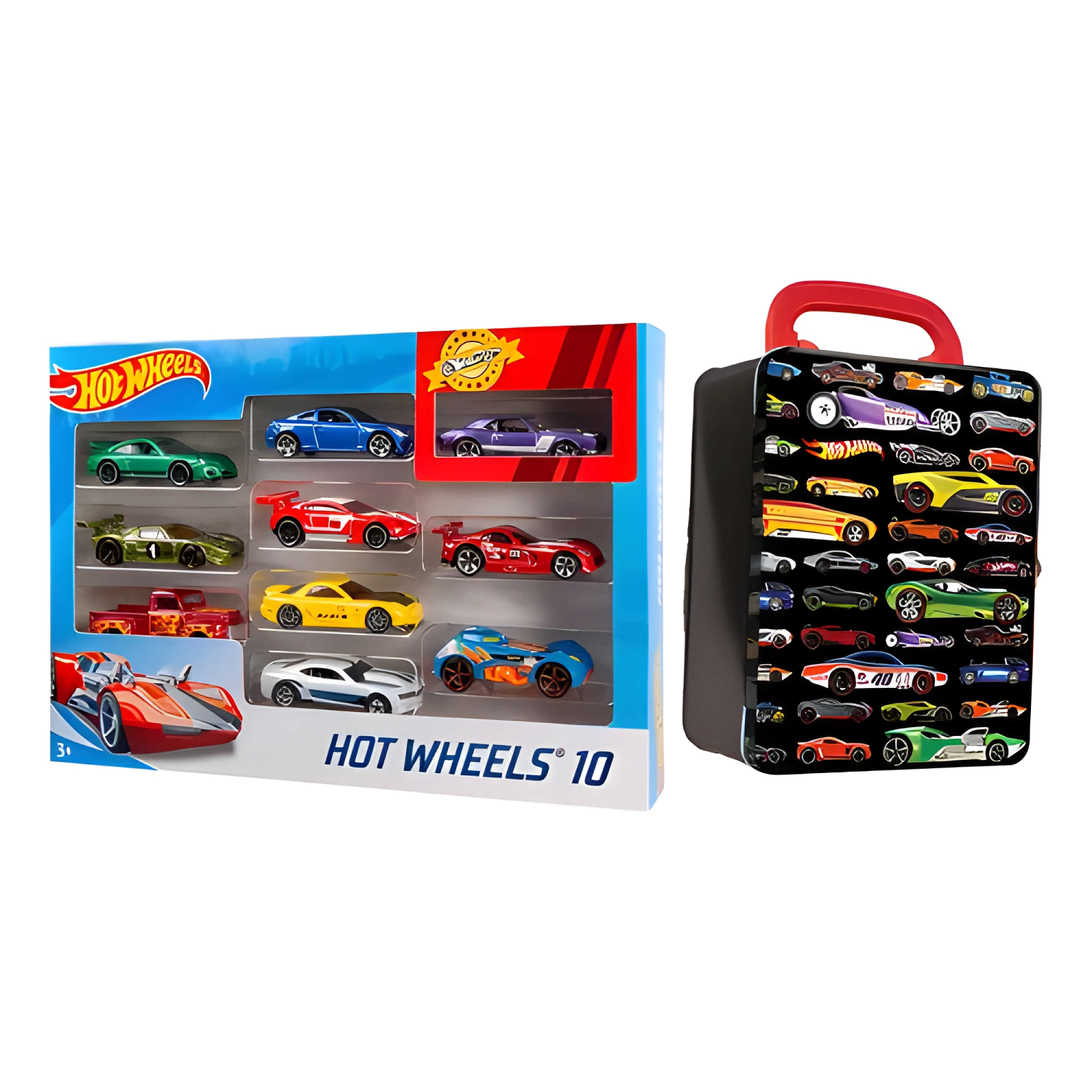Pack 10 autos Hot Wheels con caja porta autos-0
