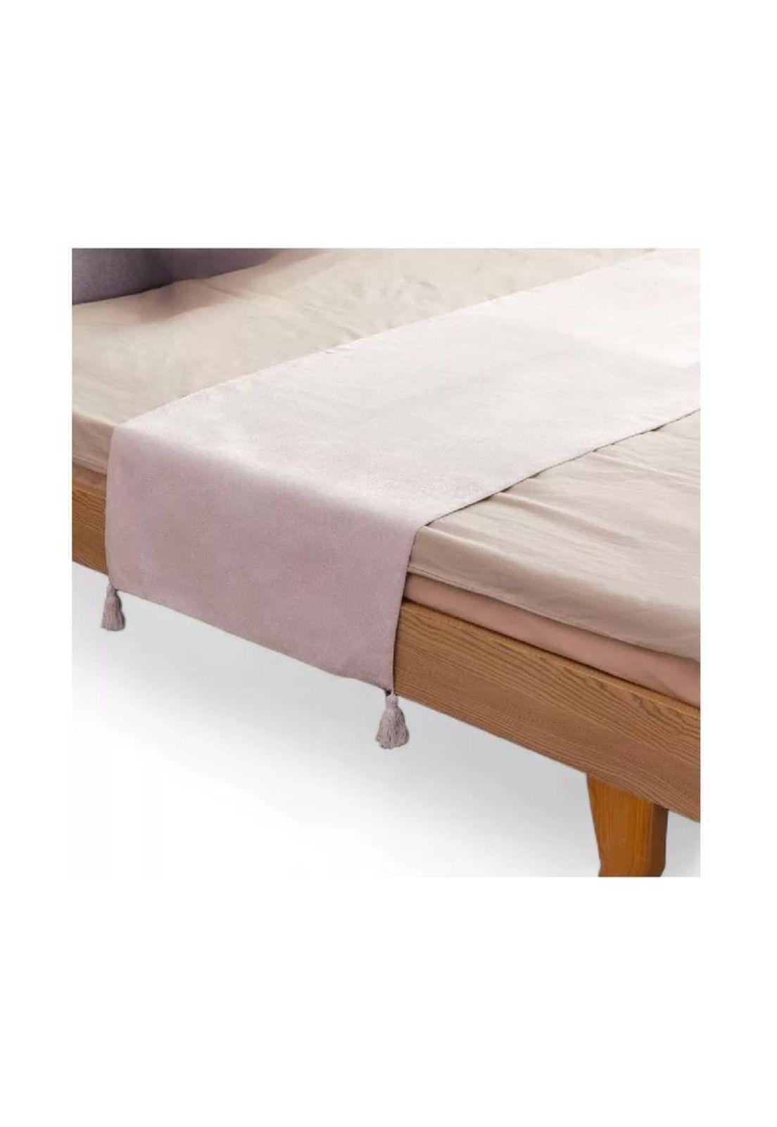 Piecera para cama 2 plaza - king en lino pompones 70x210 cm color crema-0