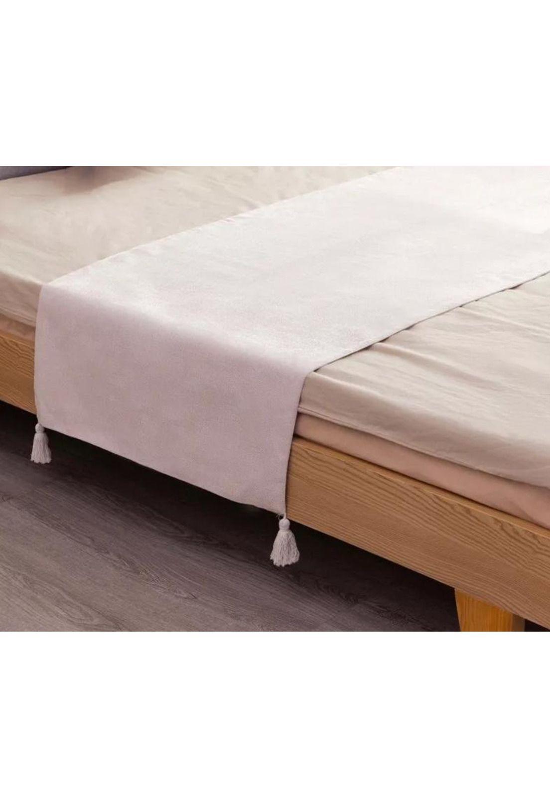 Piecera para cama 2 plaza - king en lino pompones 70x210 cm color crema-1