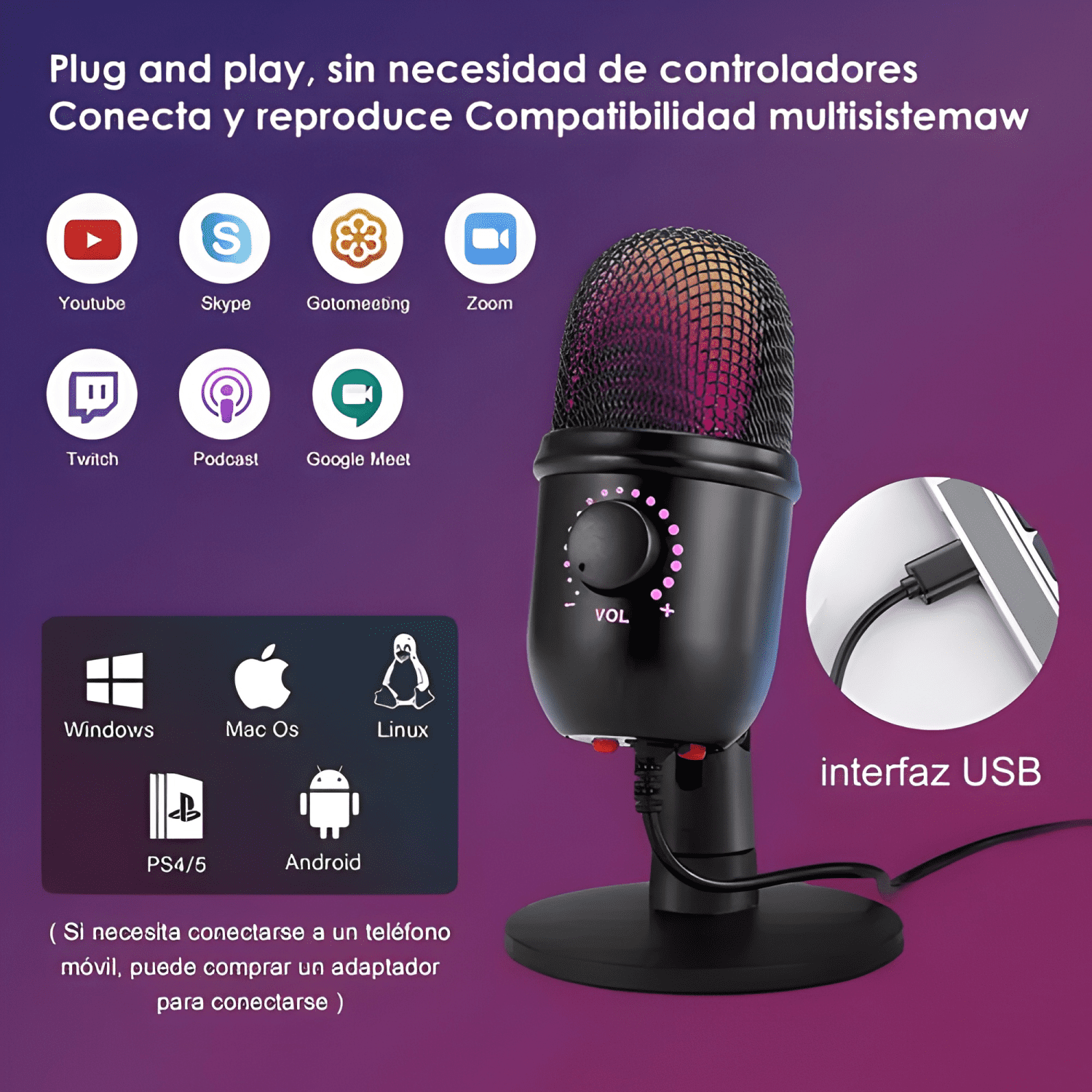 Micrófono condensador reducción ruido pc gamer con rgb luz-3