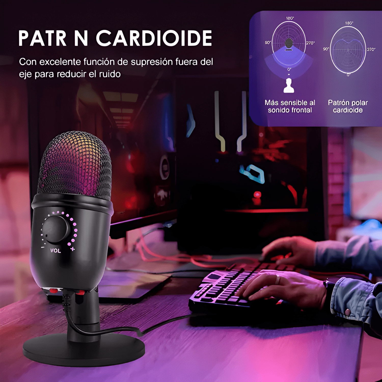 Micrófono condensador reducción ruido pc gamer con rgb luz-4
