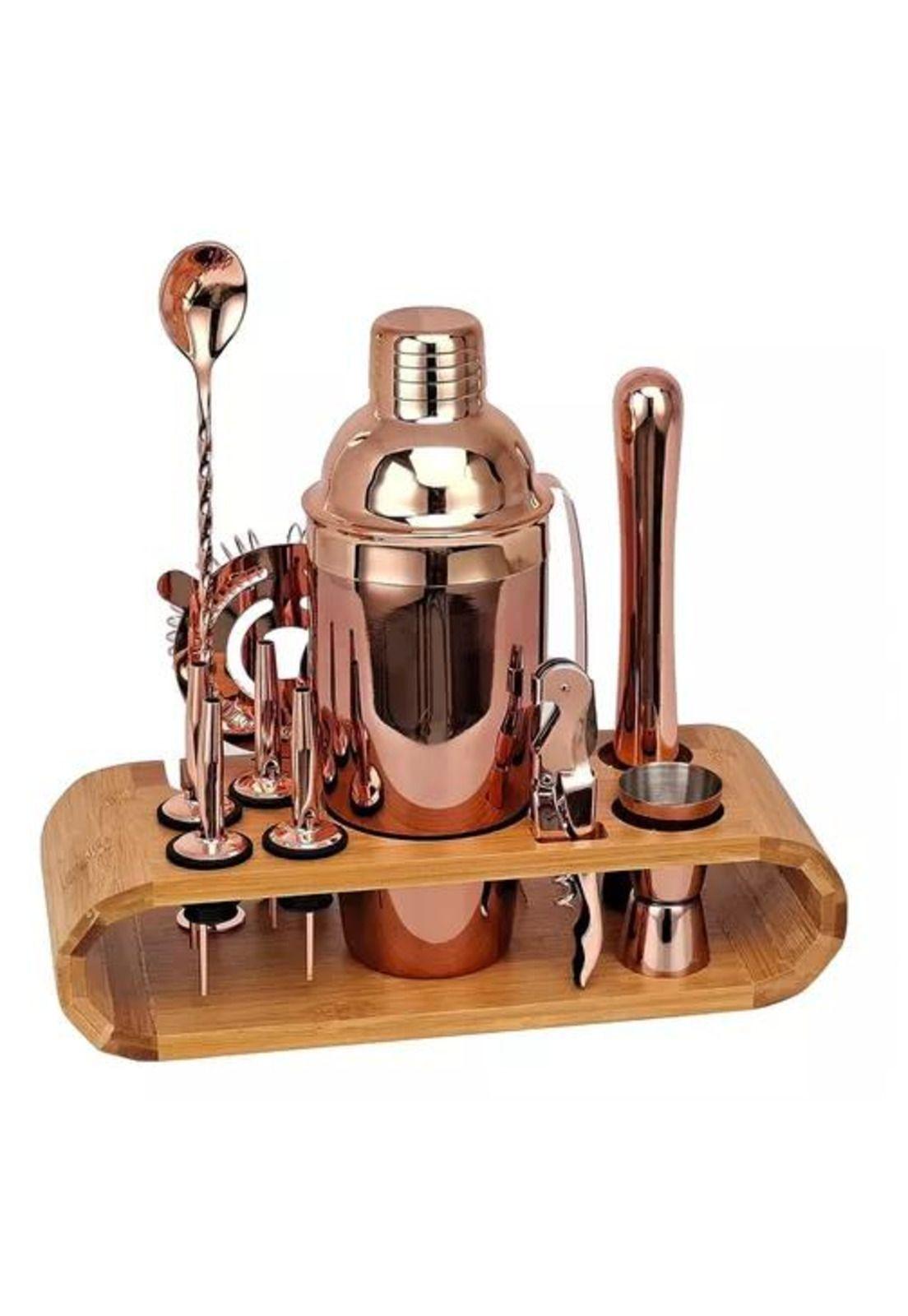 Set De Coctelería Bar Kit Utensilios Cobre Con Base Madera-2