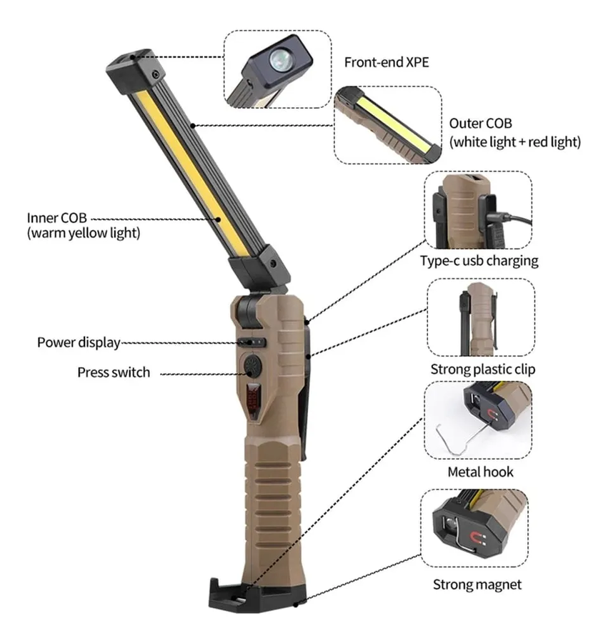 Linterna De Trabajo Led Plegable Recargable Con Imán 360° 7n1 Marrón-0