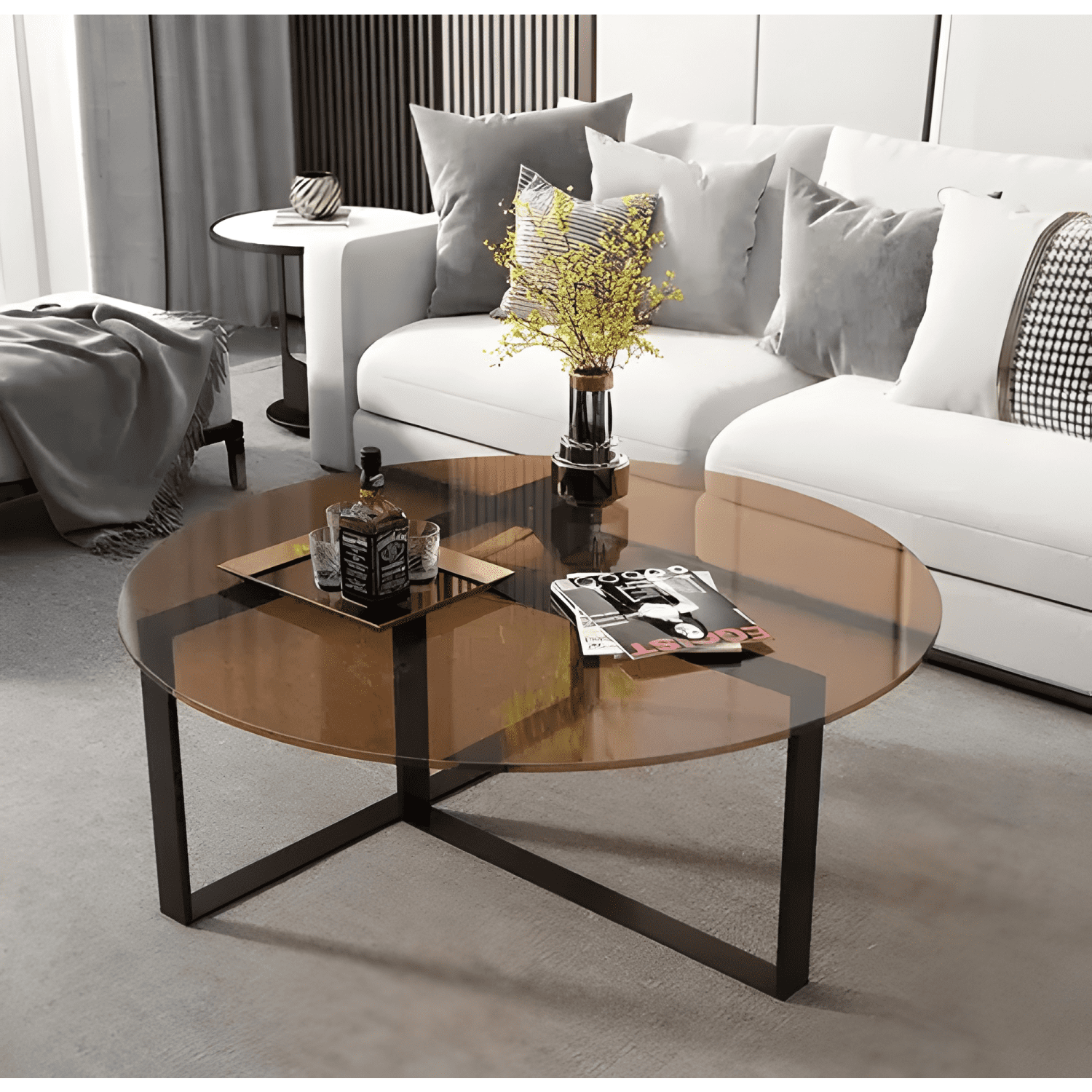 Mesa De Centro Redonda Vidrio Ahumado Moderna 80cm-3